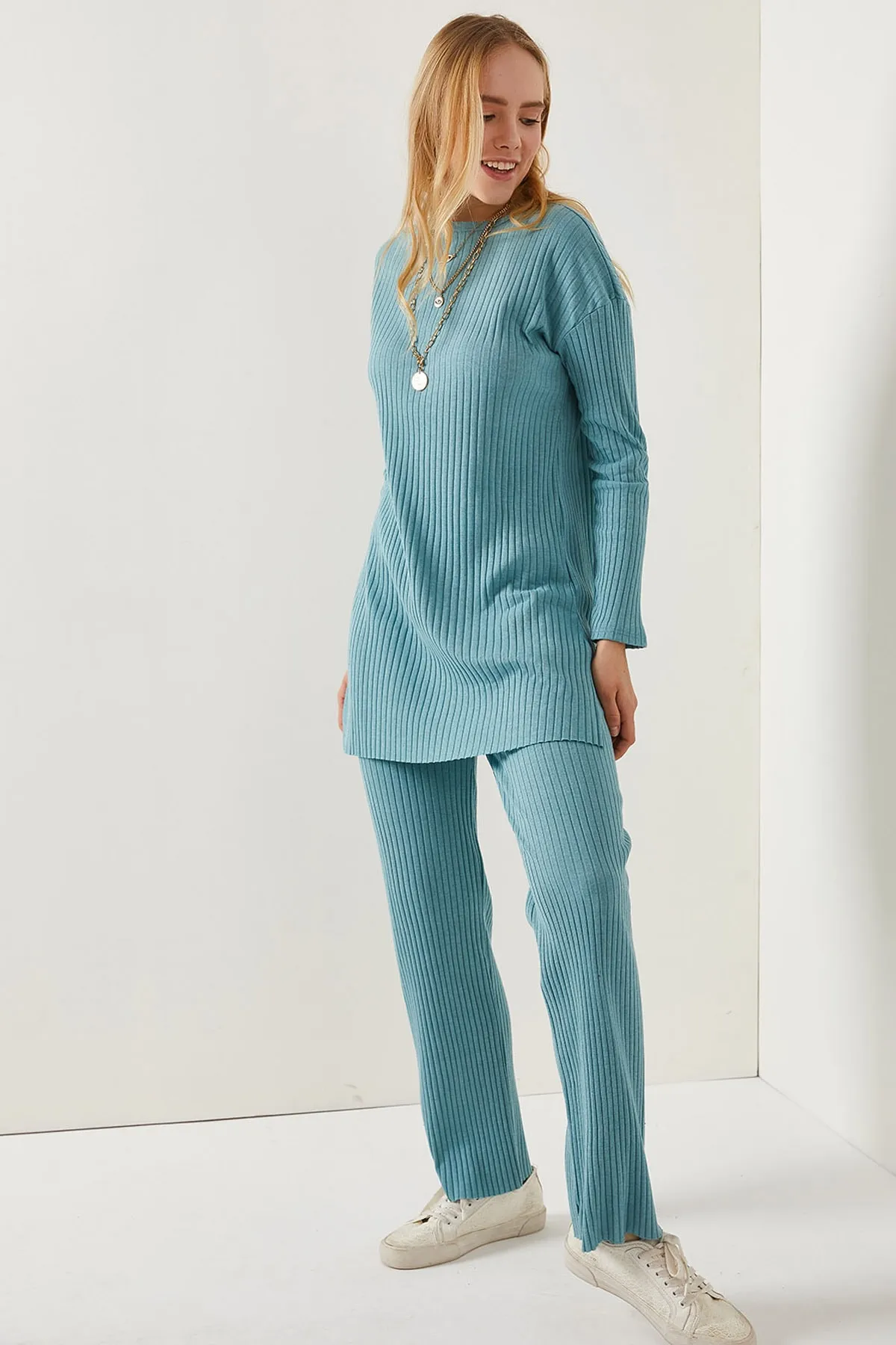 Olalook  Damen Mintgrünes Oberteil mit Schlitz, Bluse, Unterteil, Palazzo-Ripp, Team TKM-19000180
