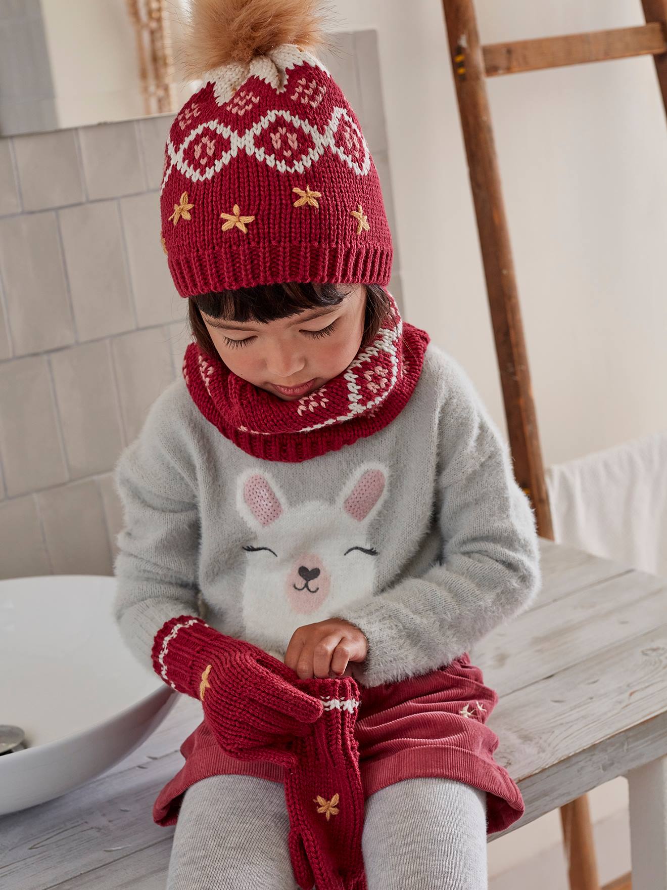 Ensemble fille bonnet + snood + gants jacquard framboise
