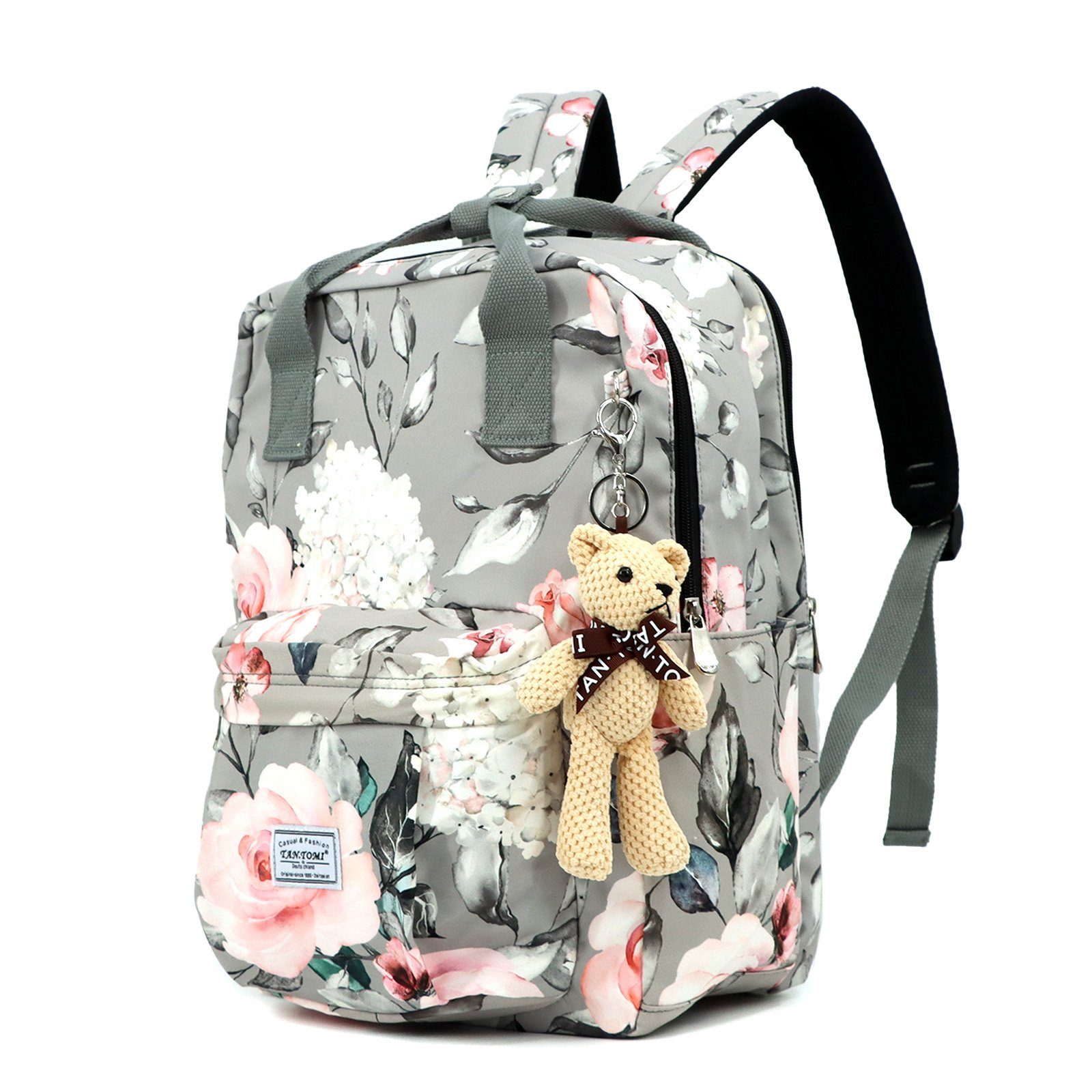 TAN.TOMI Schulrucksack Schulrucksäcke Damen Herren Tagesrucksack mit laptopfach, wasserdichte Mitgeliefert wird ein kleiner Teddybär-Anhänger
