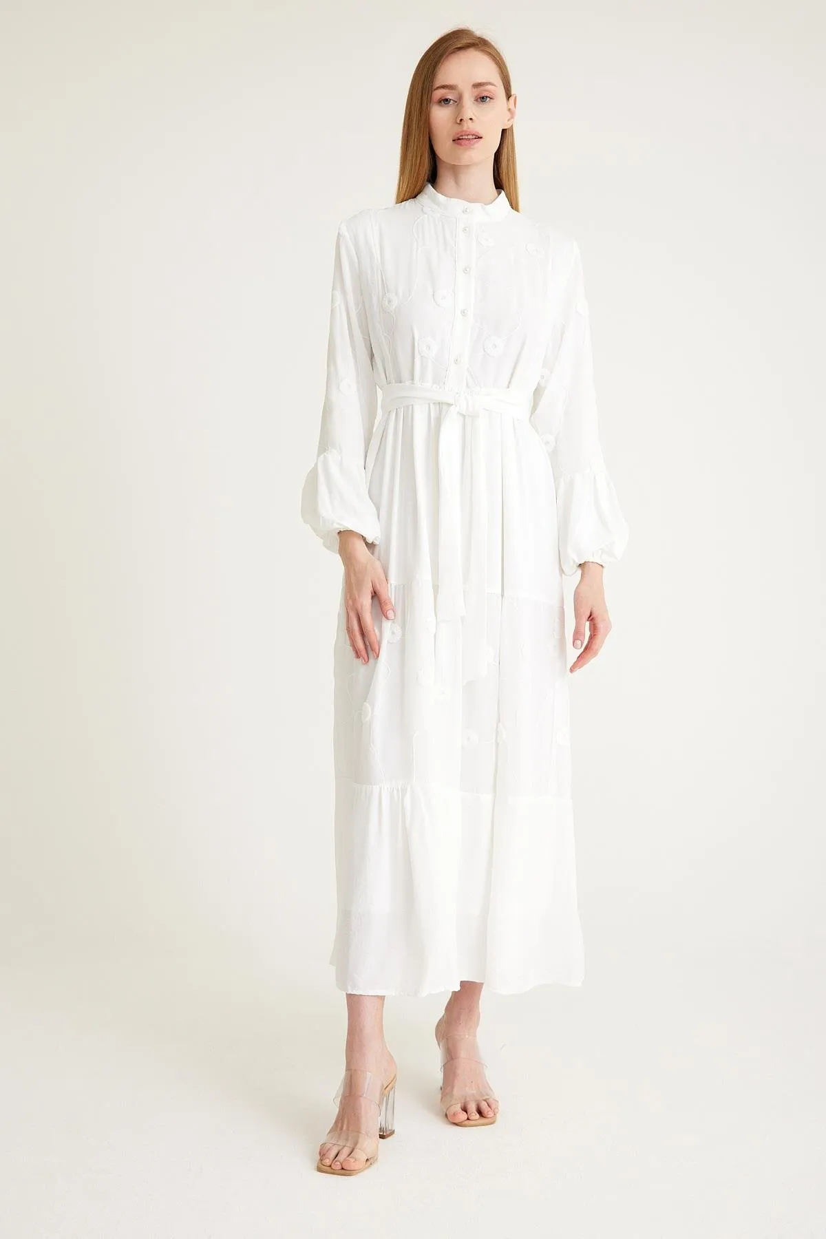Olcay  Weißes gemustertes Kleid mit gerafften Ärmeln - 9231-EY