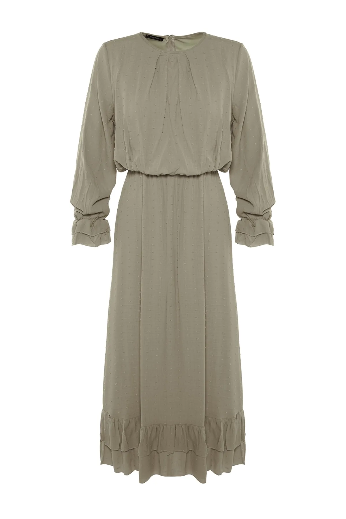 Trendyol Modest  Helles Nerz-Gewebtes Kleid mit geraffter Taille, Volant und Futter TCTSS21EL3566