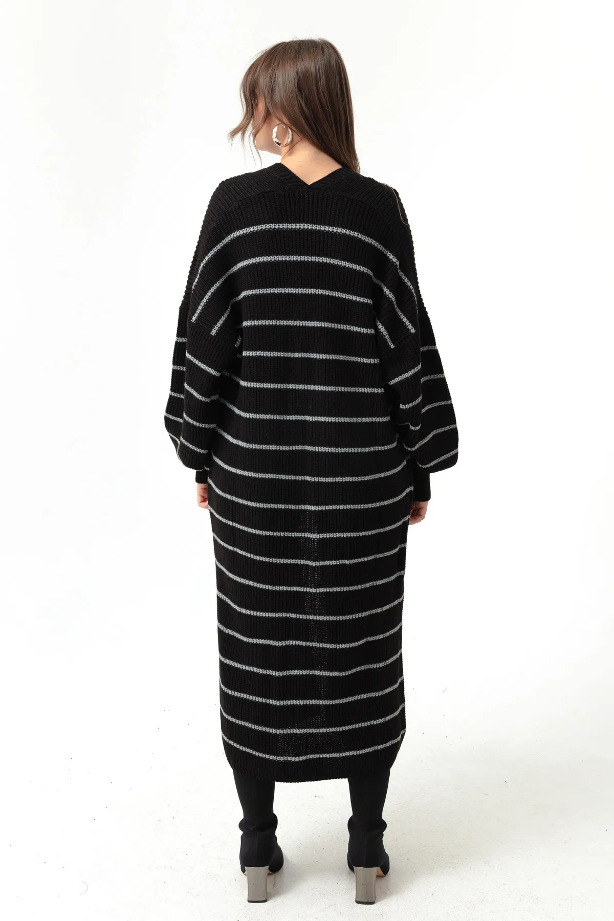 Lafaba  Schwarz-grauer langer Strick-Cardigan mit Ballonärmeln für Damen