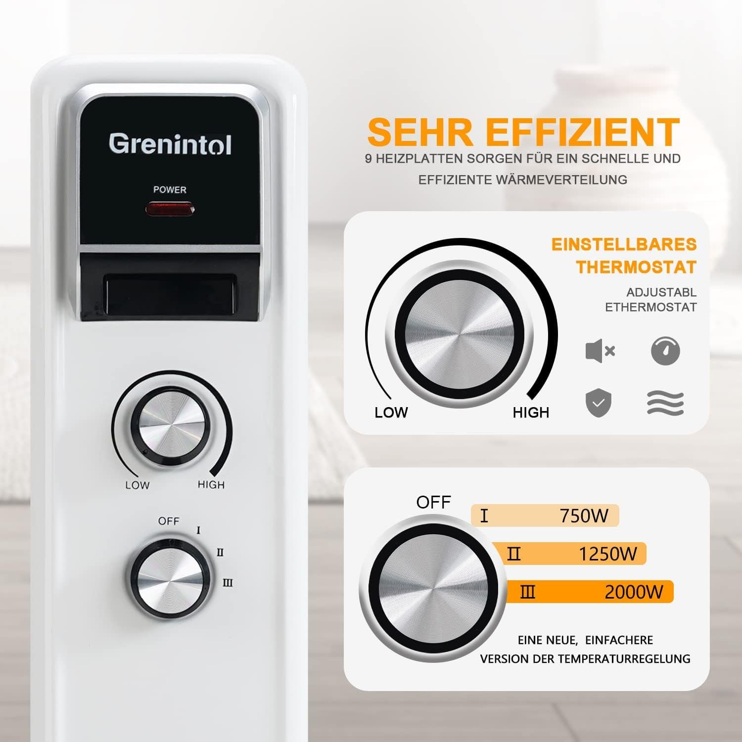 RCB Elektro-Heizkörper Grenintol, 750/1250/2000W Niedriger Stromverbrauch Geräuschlos Mit Thermostat