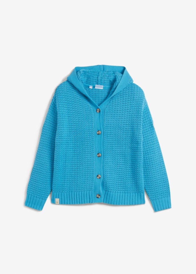 Strickjacke mit großen Knöpfen und Kapuze