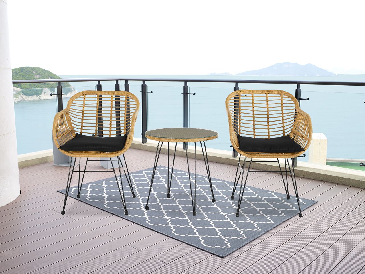 Happy Home Happy Home Casual-Set 3 tlg. Balkonset Sitzgruppe HGS43-SCH helles Rattan mit Sitzkissen in schwarz