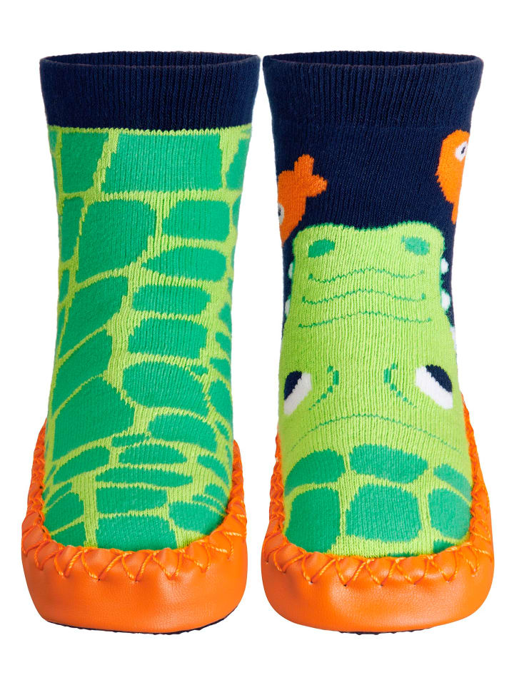 Playshoes Hüttenschuh Krokodil in Marine/Grün günstig kaufen
