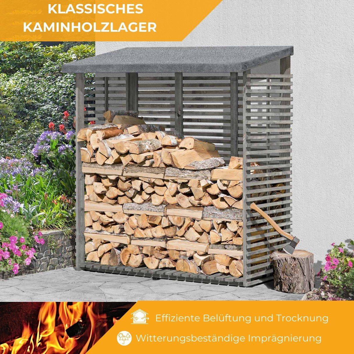 Mega-Holz Kaminholzregal Kaminholzregal FLAMMO S mit Rückwand, 188 x 69 x 183 (B x T x H)