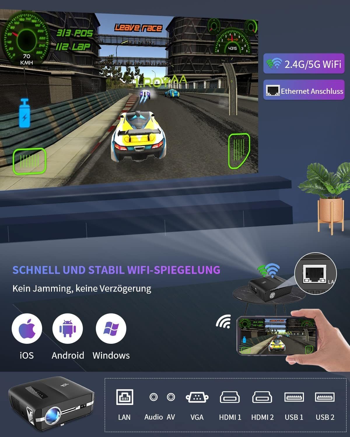 ZCGIOBN Hell LED Projektor 4K Intelligenter Heimkino Portabler Projektor (1000 lm, 1920x1080 px, Android Projektor 5G WiFi Bluetooth Wireless mit HDMI USB RJ45 Zoom)