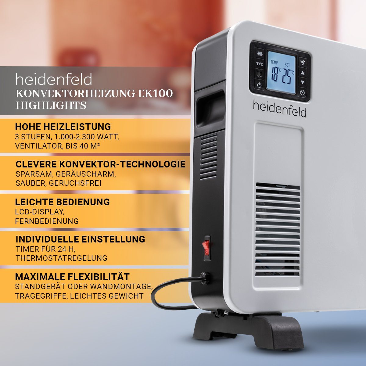 Heidenfeld Konvektor Elektro Heizung Konvektorheizung EK100 Heizgerät inkl. 3 Jahre Garatie, 2300 W, 3-Heizstufen - Fernbedienung - Timer - Heizlüfter - Heizkörper