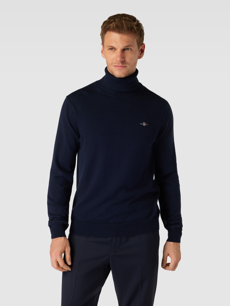 Rollkragenpullover mit Label-Stitching aus Baumwoll-Woll-Mix in marineblau
