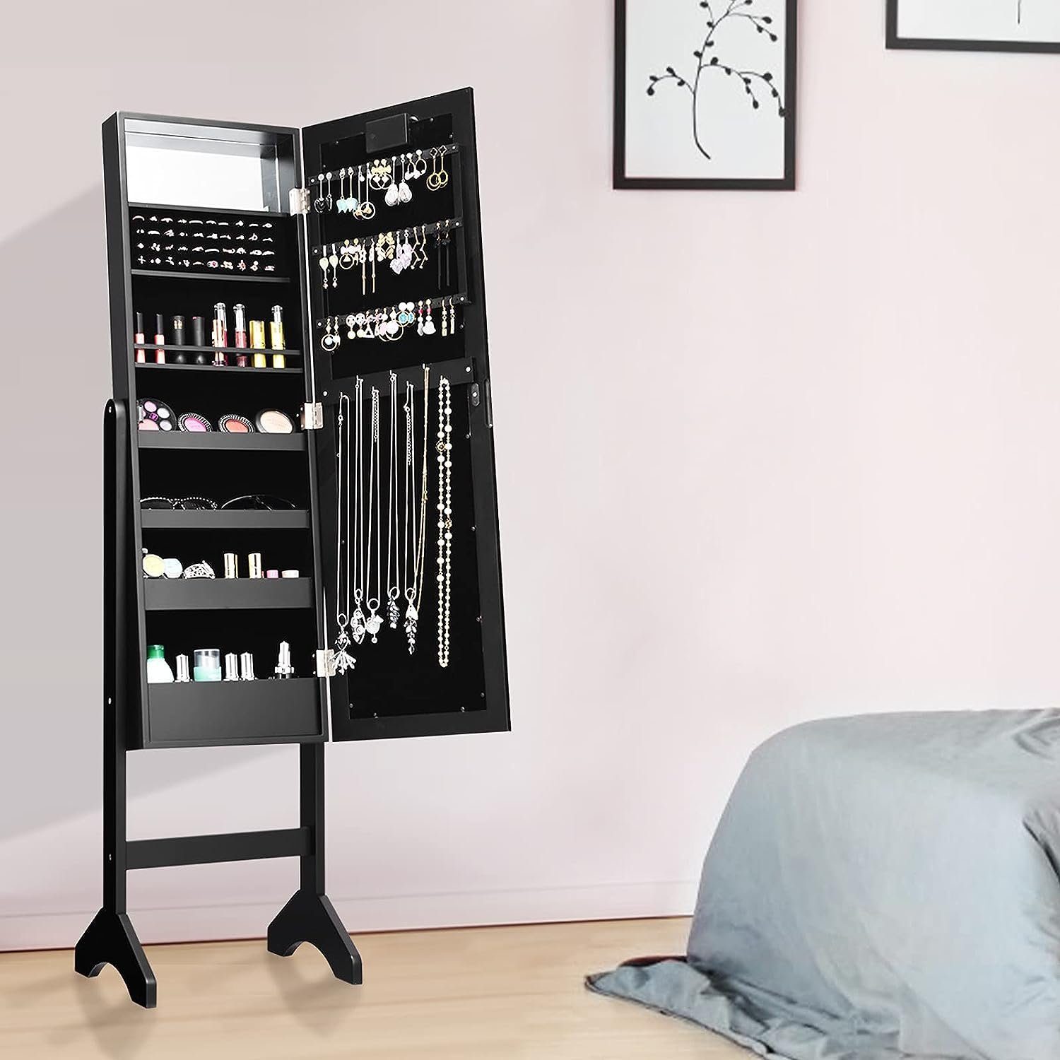 KOMFOTTEU Schmuckschrank mit 2 Spiegel stehend, mit LED, schwarz
