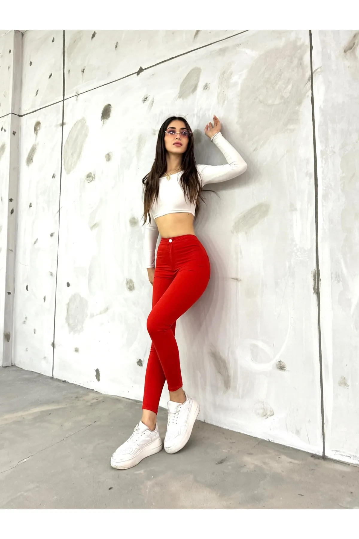 BİKELİFEJNS  Rote Lycra-Leggings-Hose mit hoher Taille für Damen