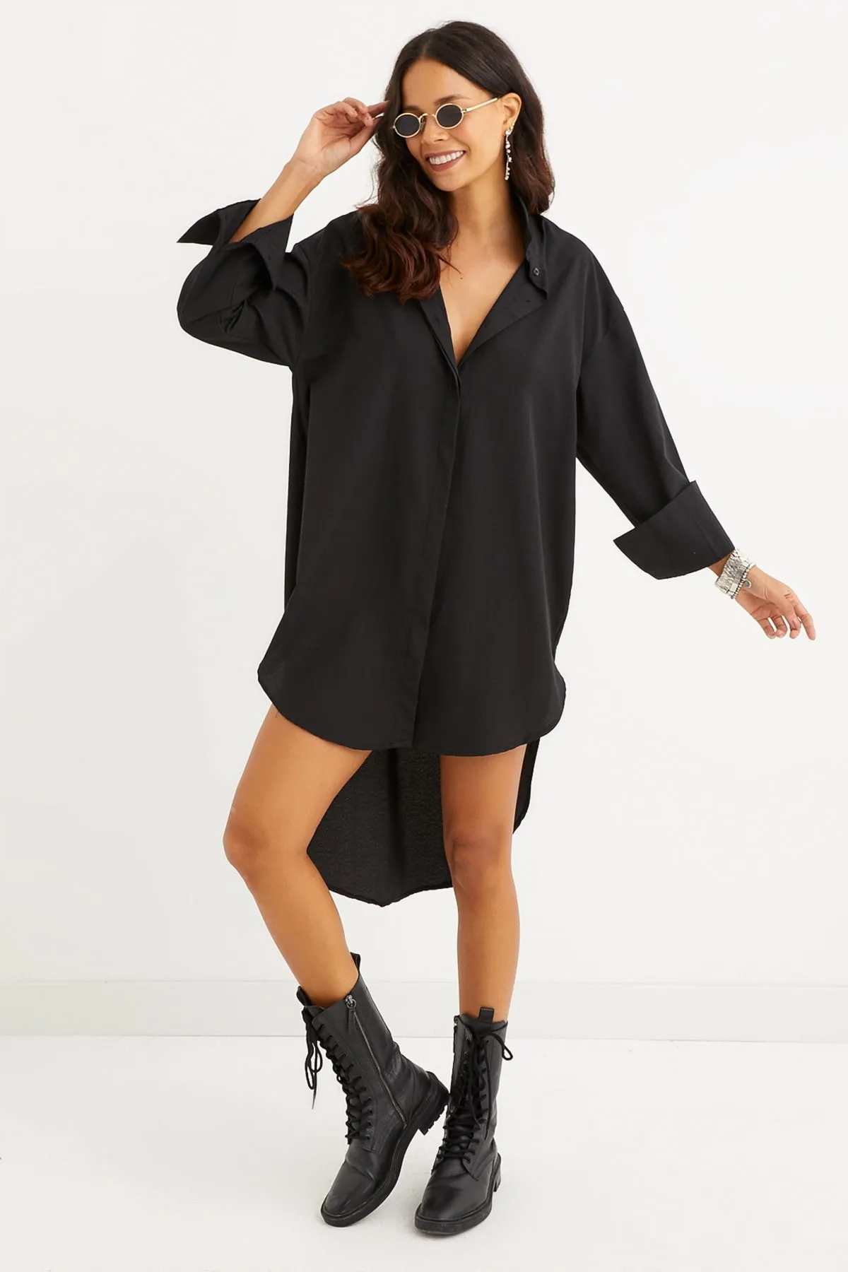 Cool & Sexy  Schwarzes Tunika-Hemdkleid mit versteckten Knöpfen für Damen SF1292