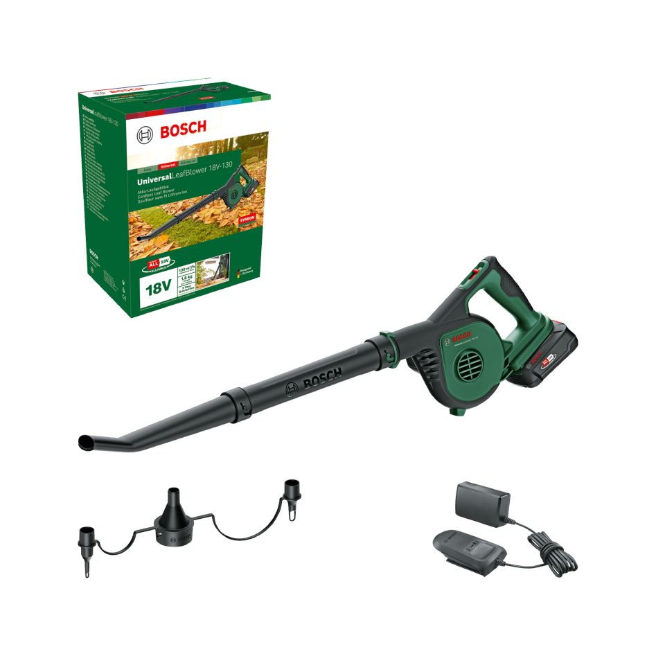 Univerzální foukač listí Bosch Green 06008A0600 18V-130 Akumulátorový foukač listí 1x 2,5 Ah a nabíječka v krabici