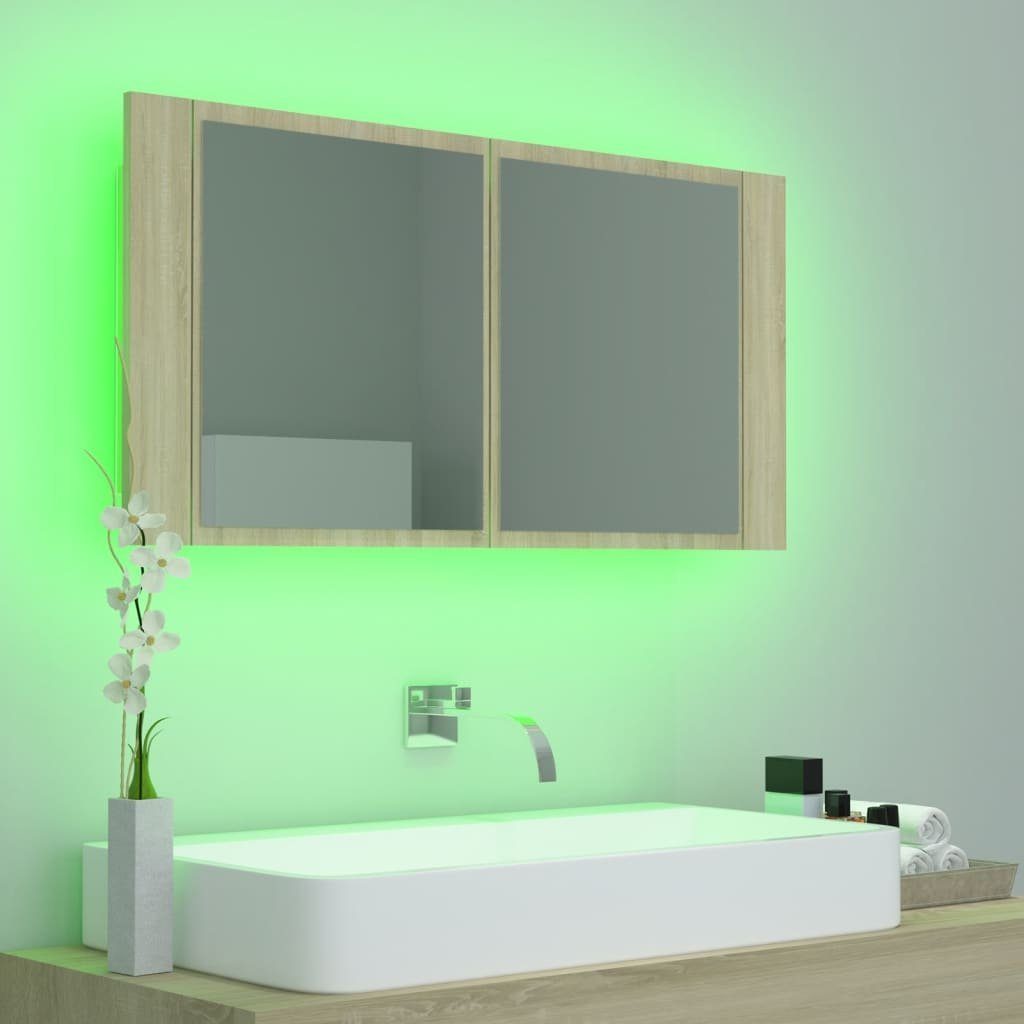 vidaXL Badezimmerspiegelschrank LED-Bad-Spiegelschrank Sonoma-Eiche 90x12x45 cm Acryl (1-St)