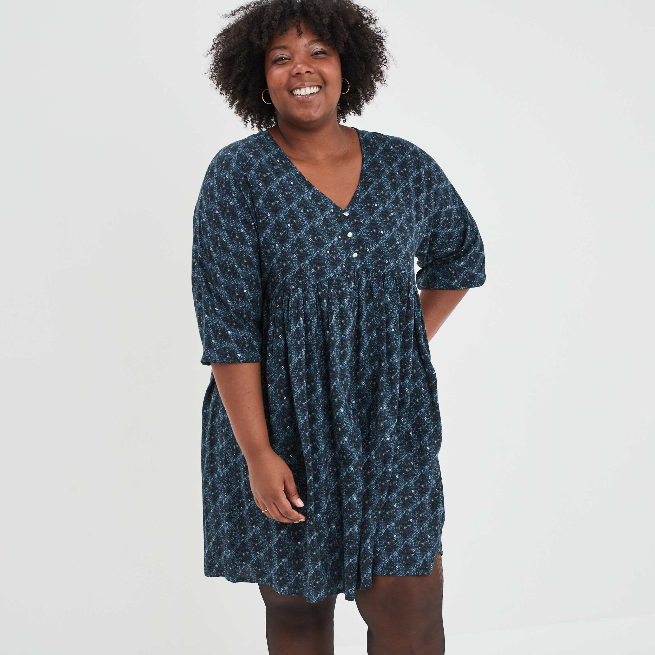 Robe manches chauves-souris évasée bleu canard femme grande taille | La Halle