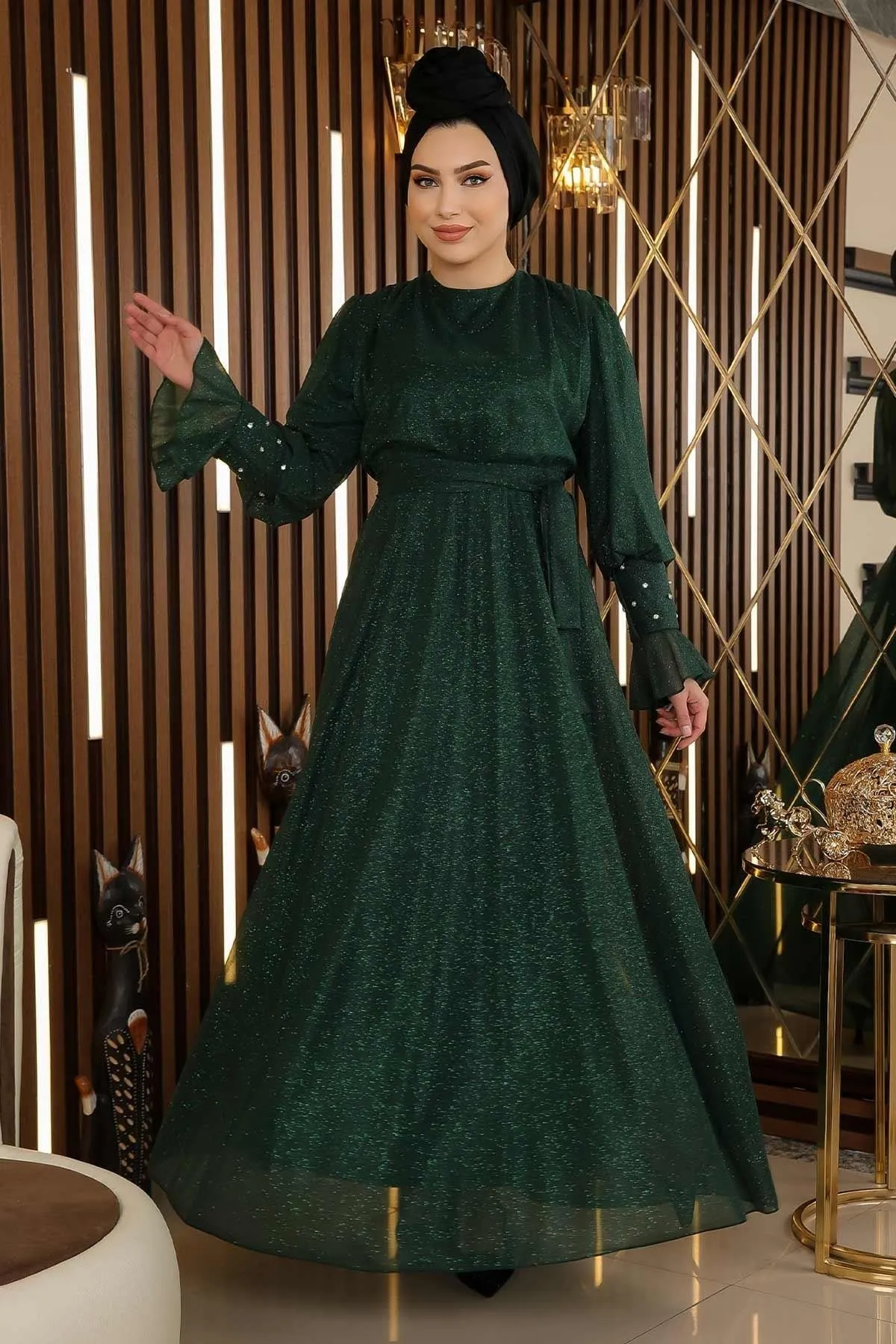 Modamihram  Steindetailliertes glitzerndes Chiffon-Abendkleid Smaragdgrün 19113