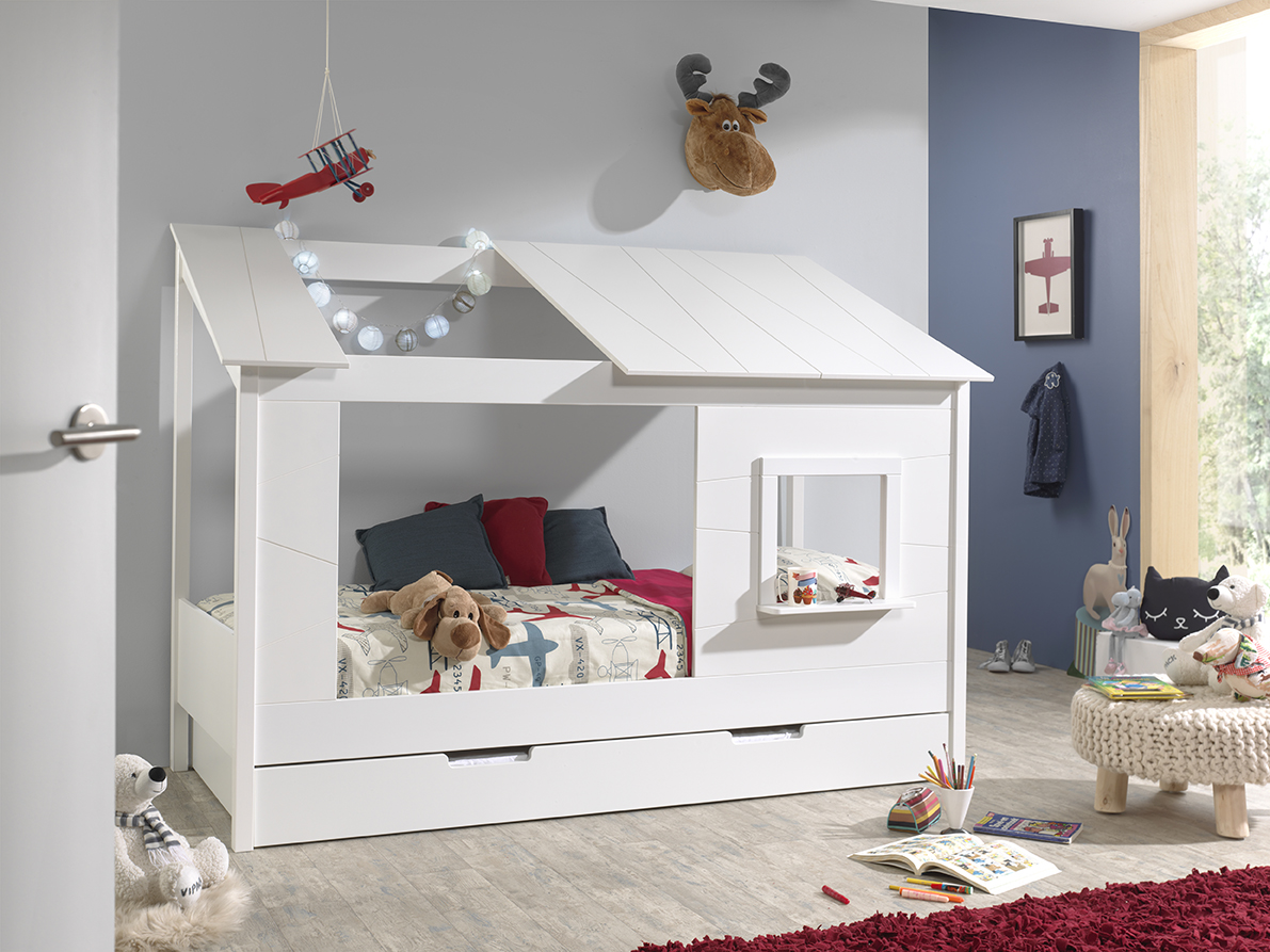 VIPACK Baumhaus Bett 90 x 200 cm Liegefläche und Bettschublade offenes Dach Weiß lackiert