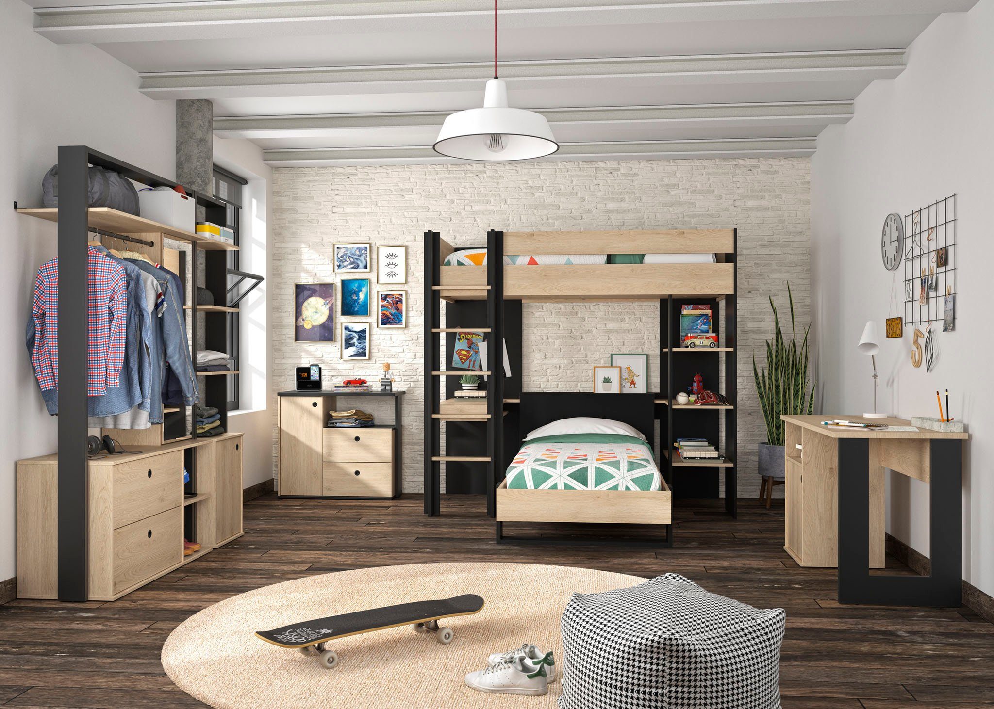 Gami Jugendzimmer-Set Duplex, (6-St., Bett, 2x offenes Schranksystem, Schreibtisch, Kommode, Hochbett)