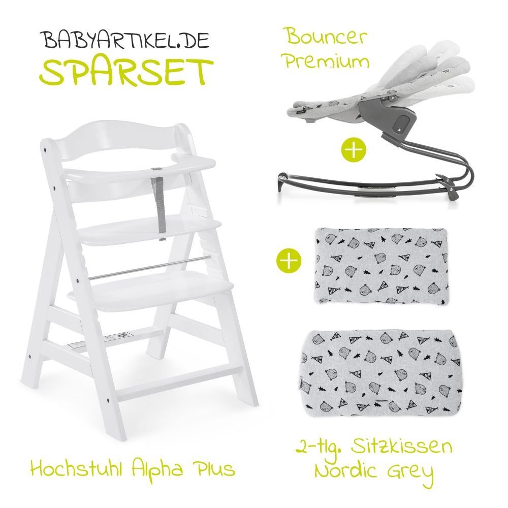 Hauck Hochstuhl Alpha Plus White Newborn Set (Set, 4 St), Baby Holz Hochstuhl ab Geburt mit Liegefunktion - inkl. Aufsatz für Neugeborene (Wippe) Premium & Baumwoll Sitzauflage - mitwachsend, höhenverstellbar
