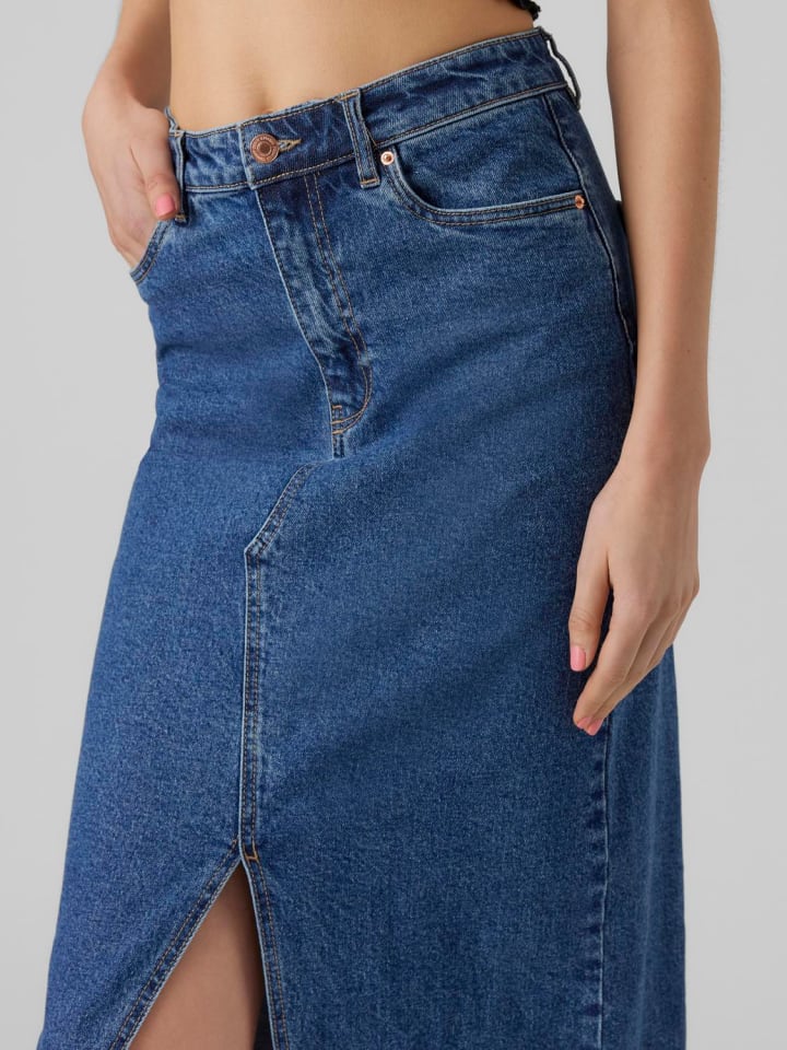 Vero Moda Wadenlanger Denim Jeansrock mit Schlitz 5-Pocket in Blau günstig kaufen