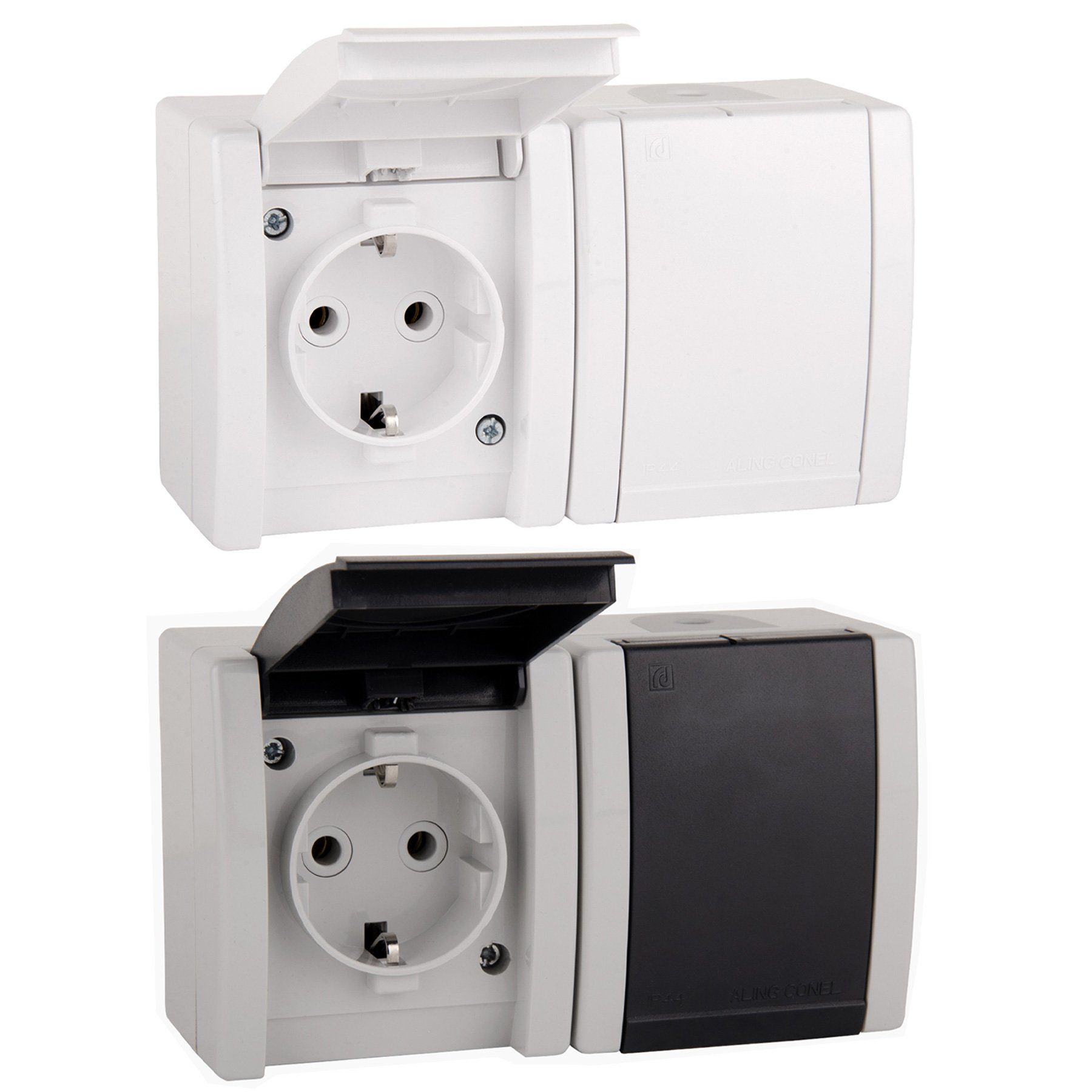 Aling Conel Aufputz-Steckdose 2-fach Aufputz Steckdose mit Klappdeckel IP44 - Grau (10er Set), Packung