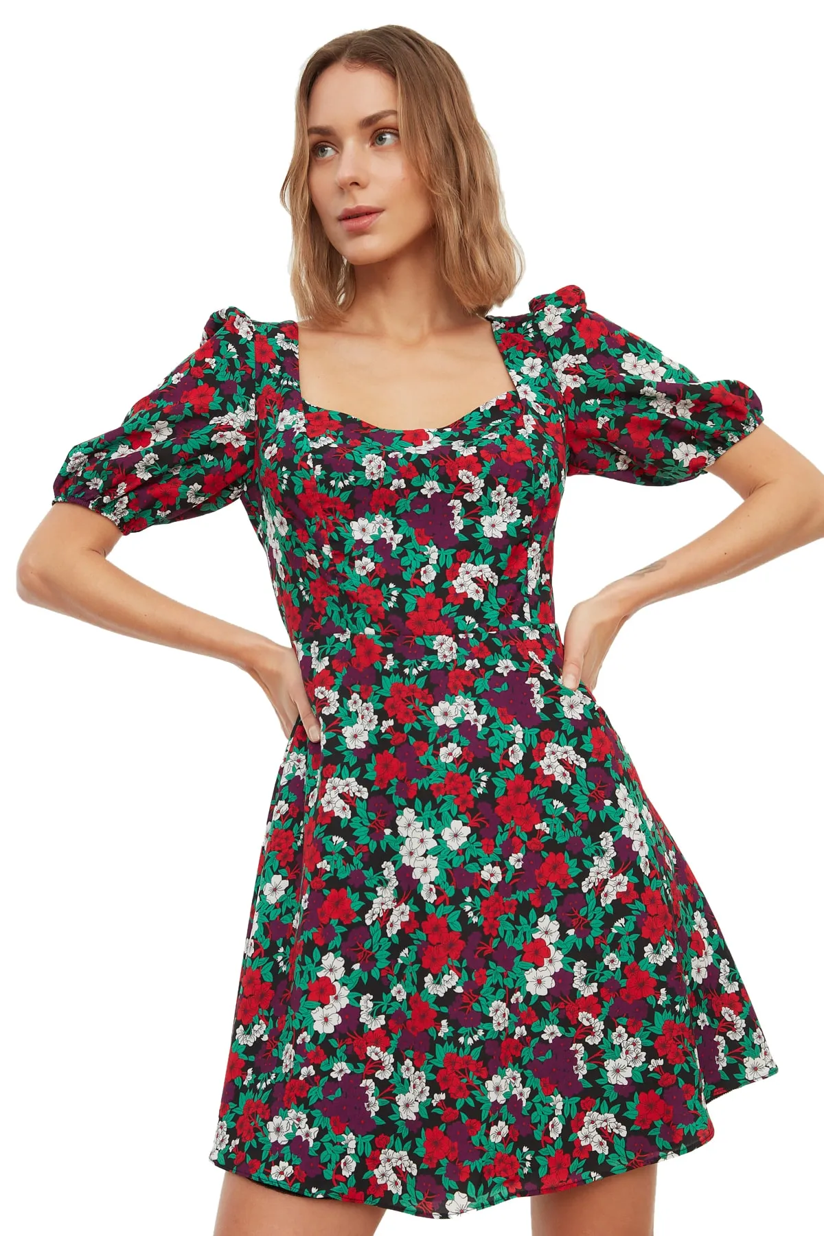 Trendyol Collection  Mehrfarbiges, gewebtes Minikleid in A-Linie mit Blumendruck und gefütterten Ballonärmeln TWOSS20EL0899