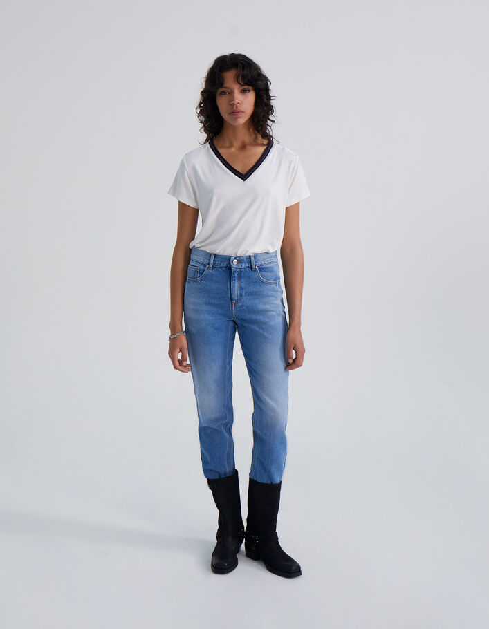Tee-shirt écru bord-côte marine rayé Femme