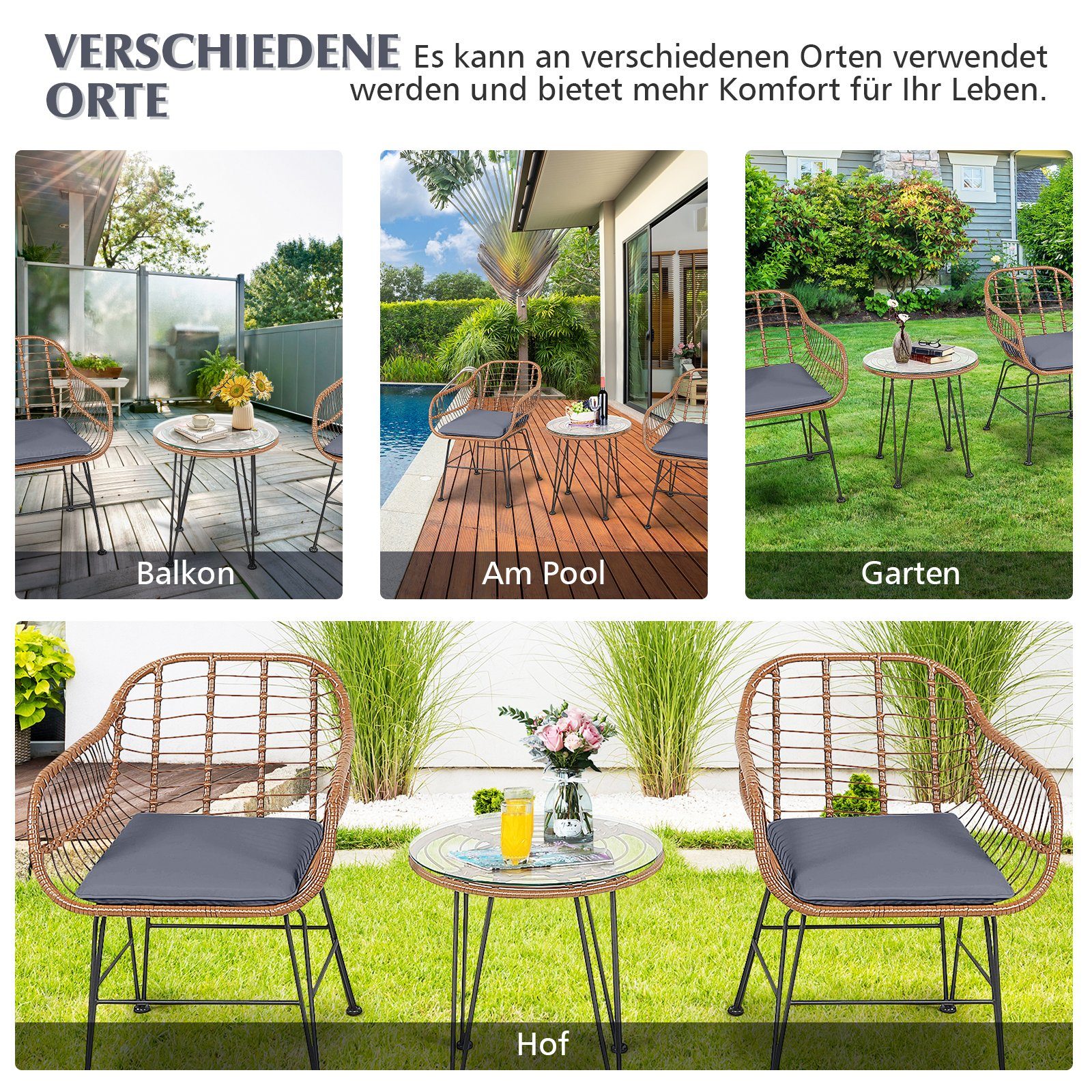 COSTWAY Balkonset, 3-tlg, Rattan, 2 personen, mit Sitzkissen, 180kg