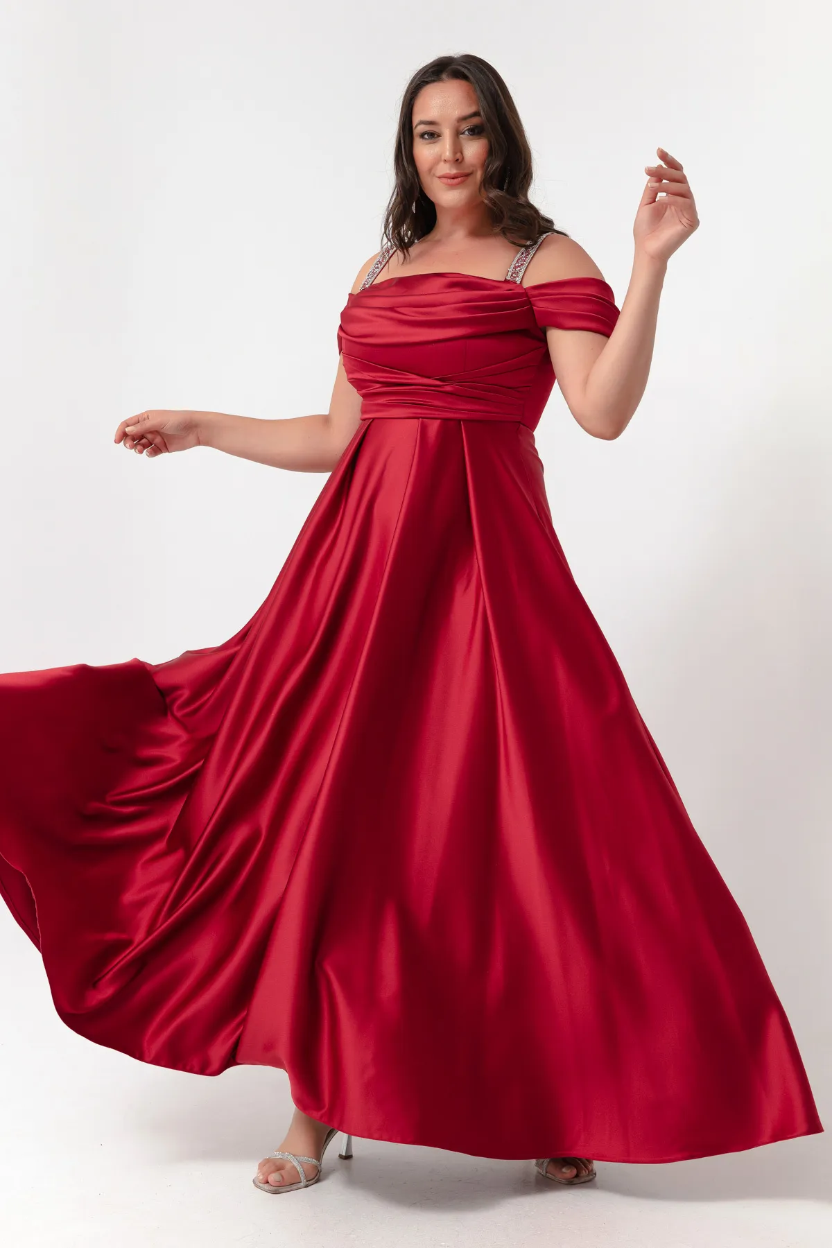 Lafaba  Damen-Abendkleid in Burgunderrot mit Steinträgern, drapiert, langes Abendkleid in Übergröße