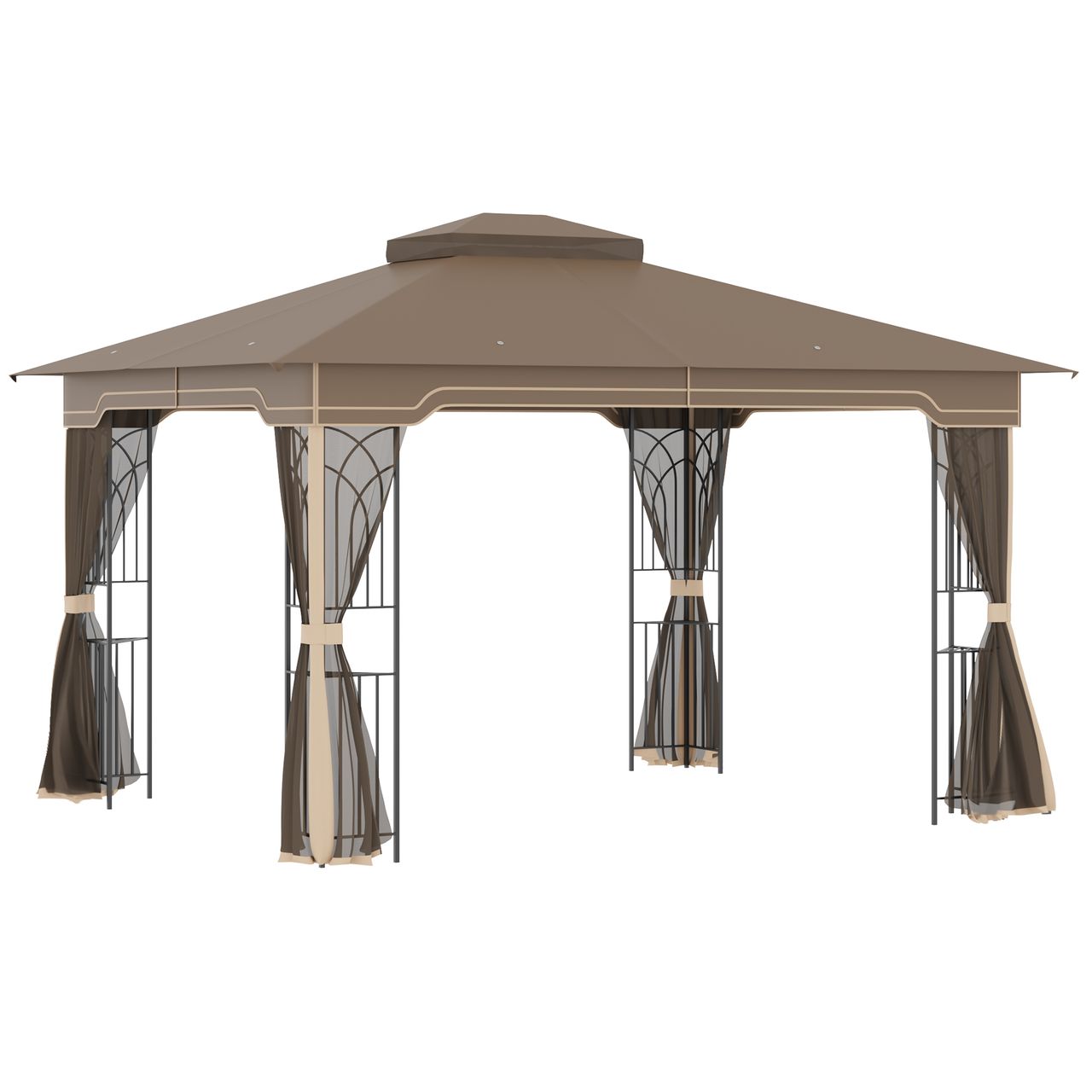 Outsunny Pavillon Gartenpavillon 3,65 x 3 m Gartenzelt Festzelt Partyzelt mit 4 x Moskitonetz atmungsaktivem Doppeldach Metall Polyester Braun Beige