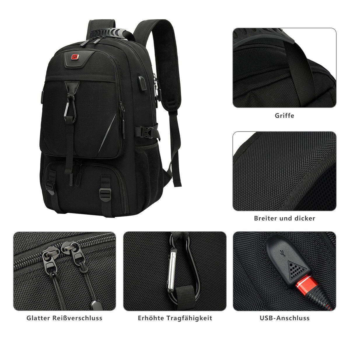 7Magic Reiserucksack Großer Laptop Rucksack 17 Zoll Business Arbeit mit Schuhfach Schwarz (mit USB Ladeanschluss Anti Diebstahl Business Arbeit Reisen), für Fitnessstudio Arbeit Camping, Herren Damen, Schwarz