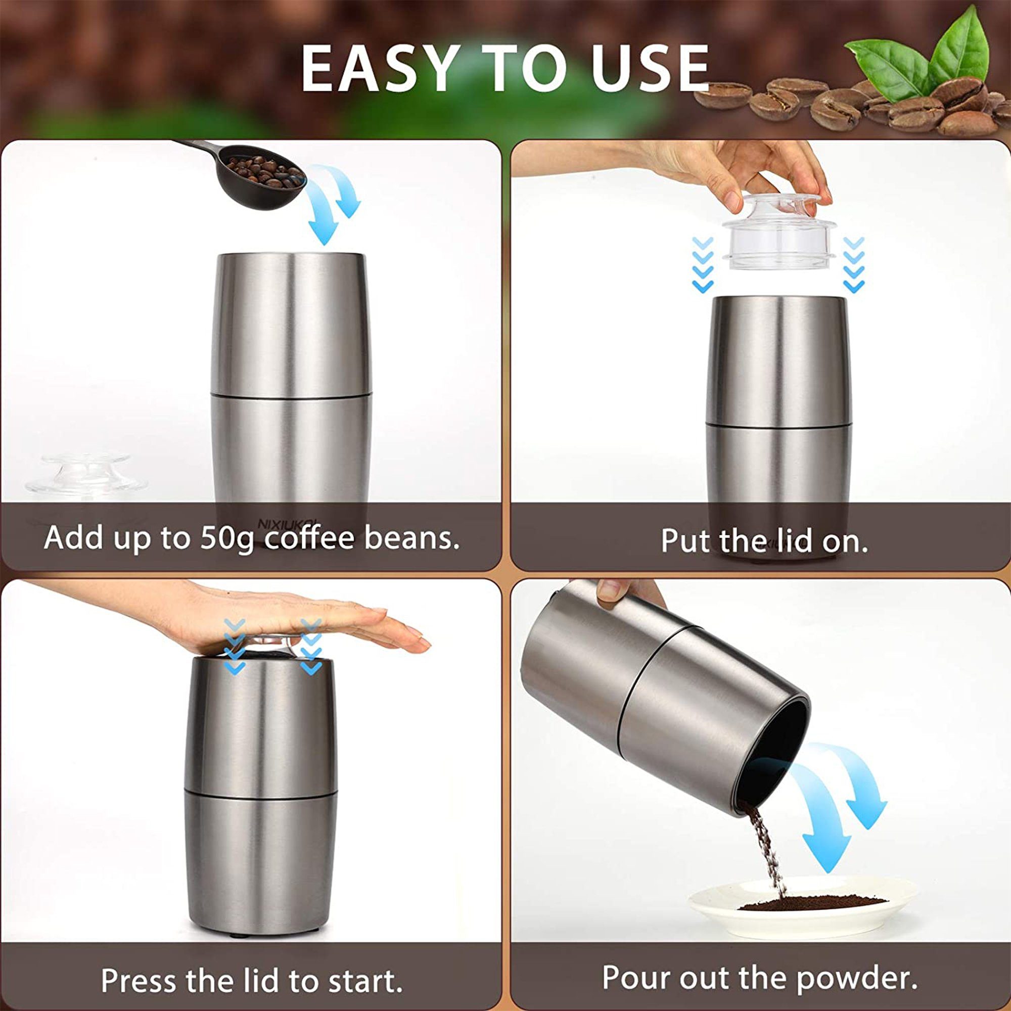 QTIYE Kaffeemühle,Kaffeemühle Elektrisch,200 W,Gewürz Mühle,mit 304 Edelstahlmesser, 50g Fassungsvermögen,Geeignet für Kaffee, Nüsse, Gewürze