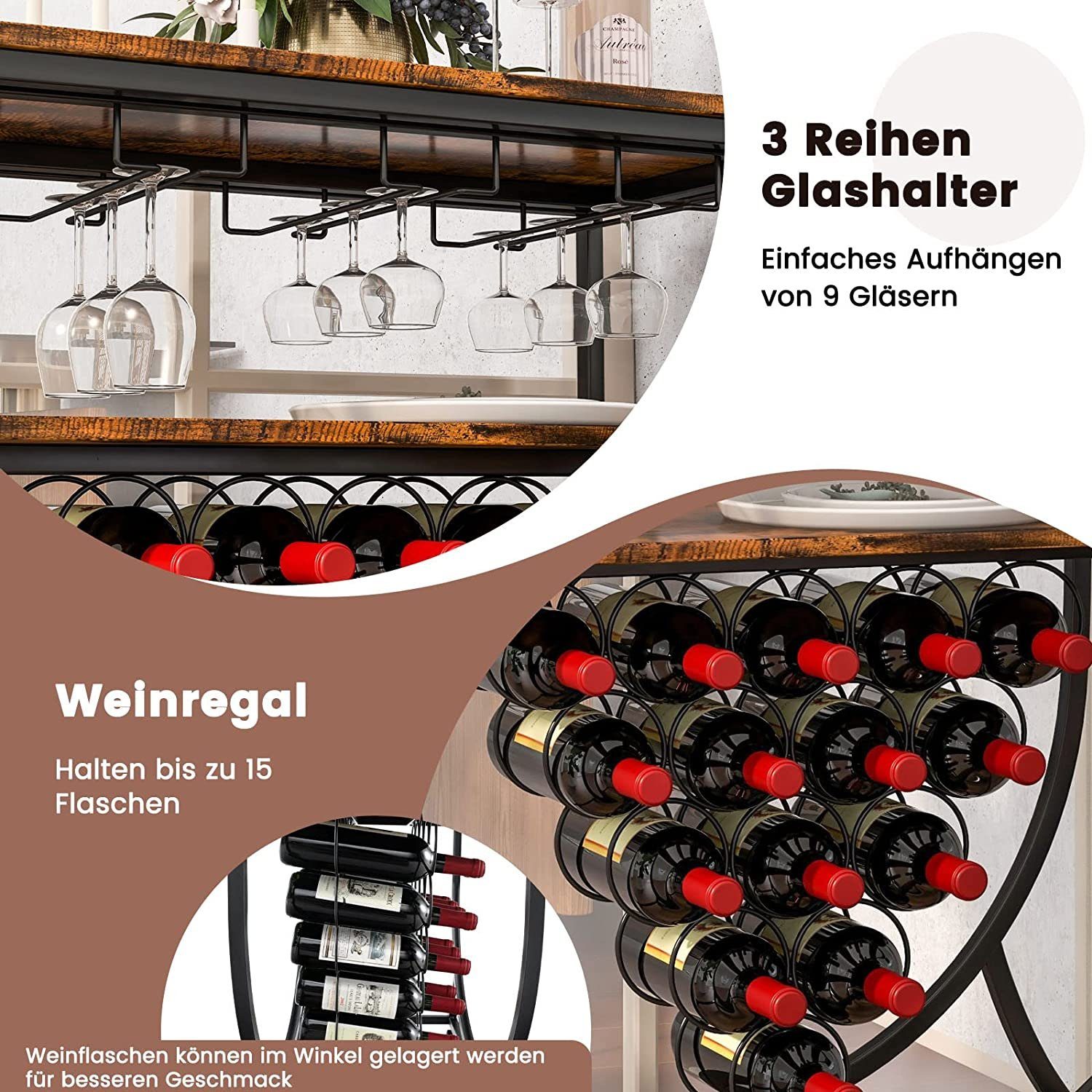 COSTWAY Weinregal, stehend, mit Rollen, Metall, für 15 Flaschen&9 Glashaltern
