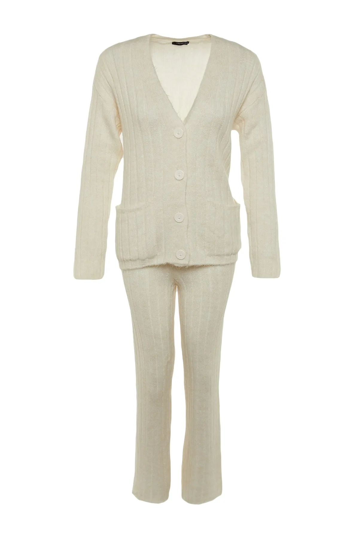 Trendyol Collection  Ecrufarbenes Set aus Strickjacke und Hose mit Knopfleiste, Oberteil und Unterteil