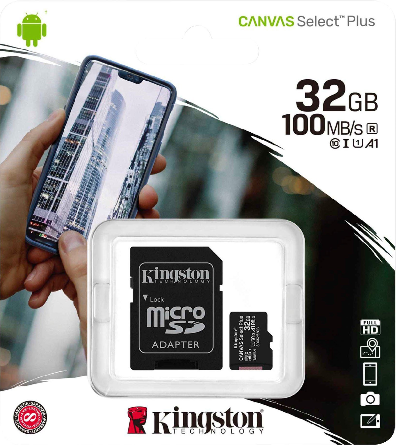 Kingston Canvas Select Plus microSD 32GB + ADP Speicherkarte (32 GB, UHS-I Class 10, 100 MB/s Lesegeschwindigkeit)