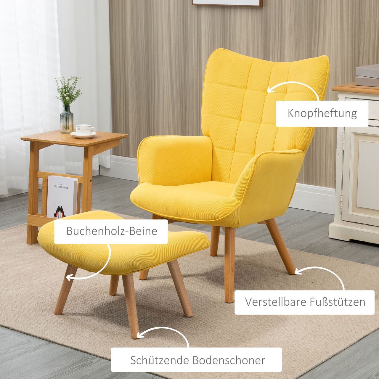 HOMCOM Ohrensessel mit Hocker, Relaxsessel, Polstersessel in Cord-Optik, Gelb