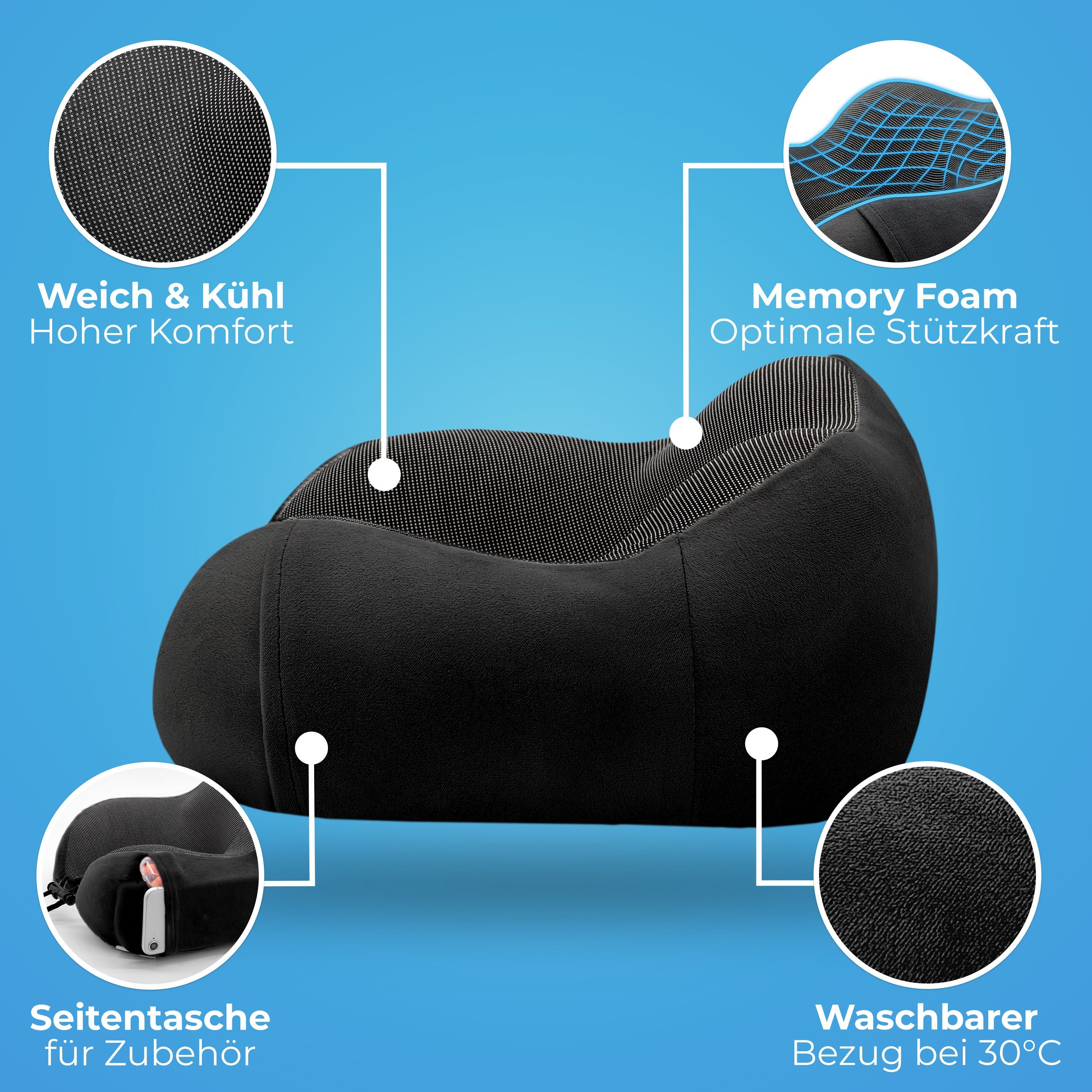 Styngard Nackenkissen Reisekissen, aus Memory-Foam inkl. Schlafmaske und Ohrstöpsel