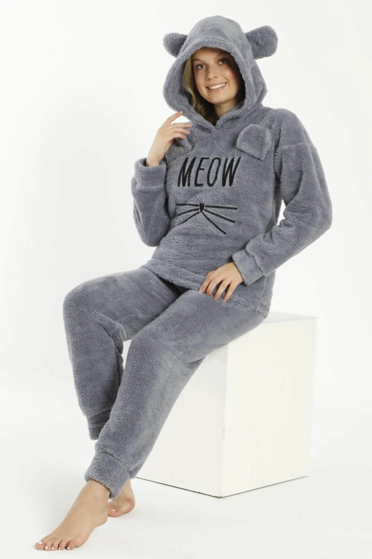 Pijamaevi  Dunkelgraues Meow-gemustertes Vollplüsch-Pyjama-Set
