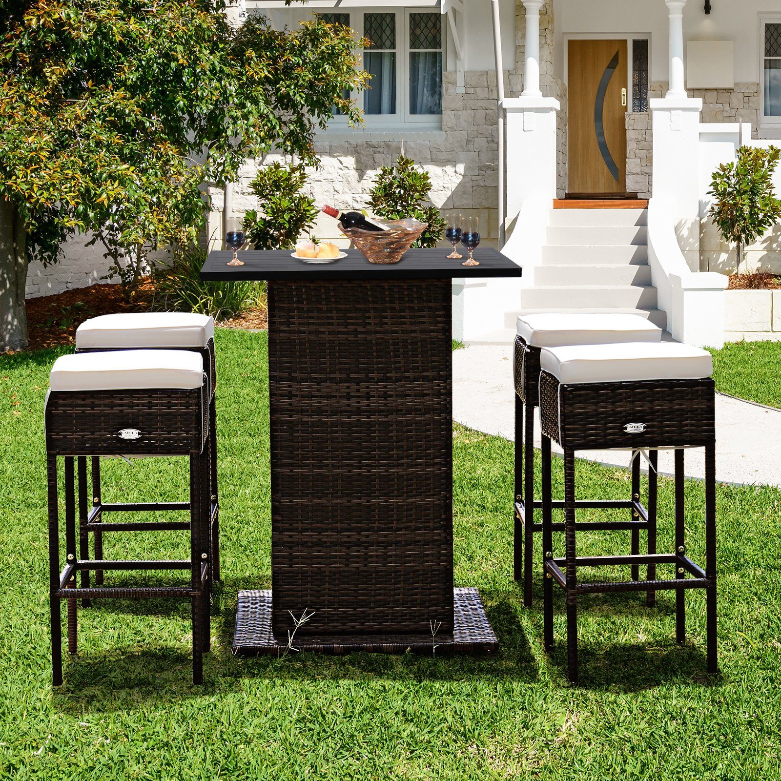 COSTWAY Gartenbar-Set, 5-tlg, Rattan, Tisch mit Stauraum&4 Hockern mit Kissen