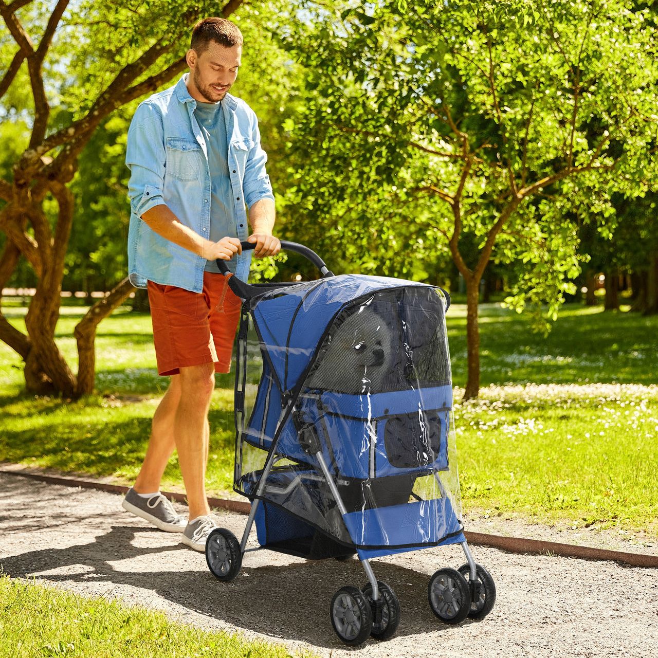 PawHut Hundetrolley, faltbarer Hundebuggy, Hundewagen mit Regenverdeck, Blau