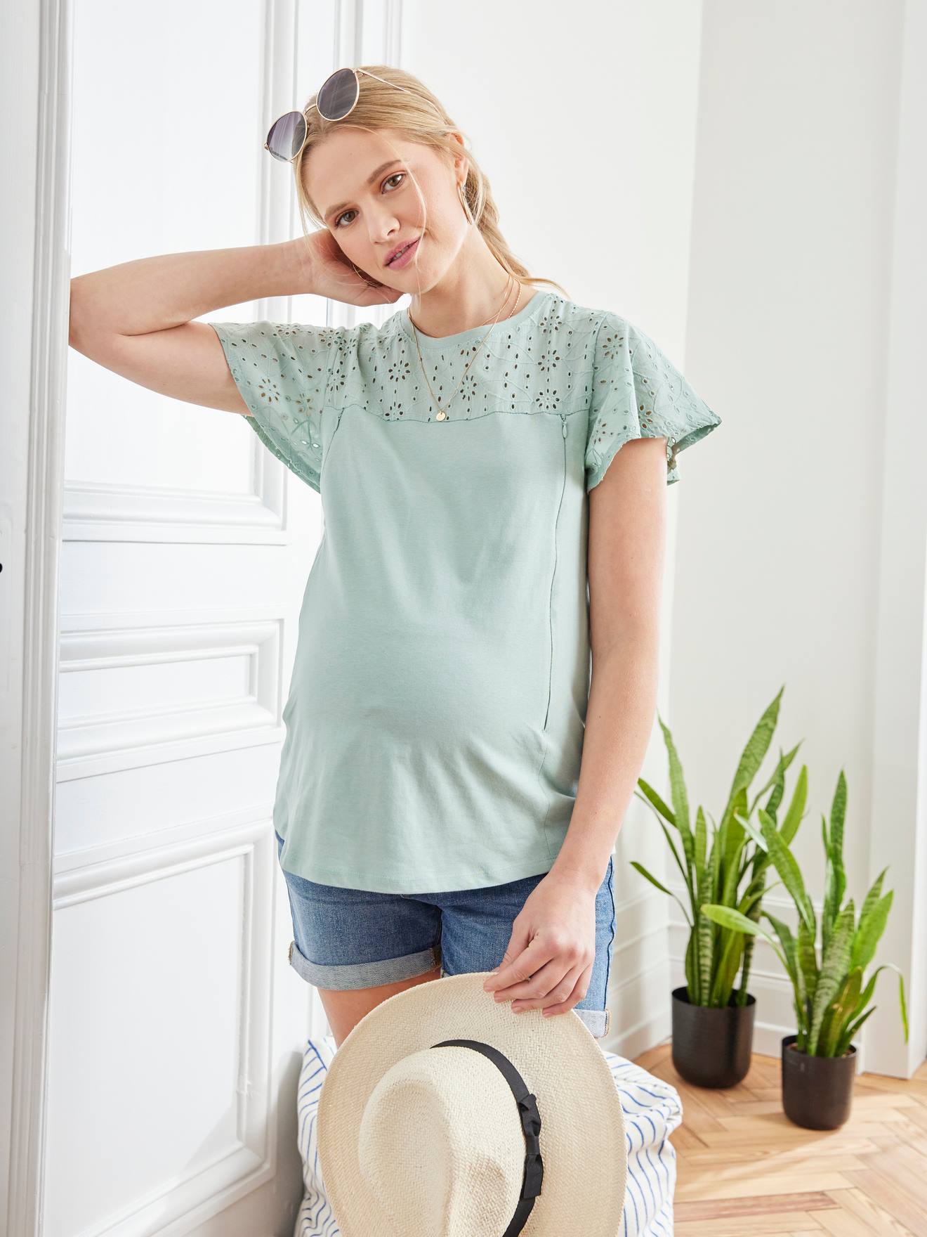 Vertbaudet T-Shirt mit Lochstickerei, Schwangerschaft & Stillzeit - mint