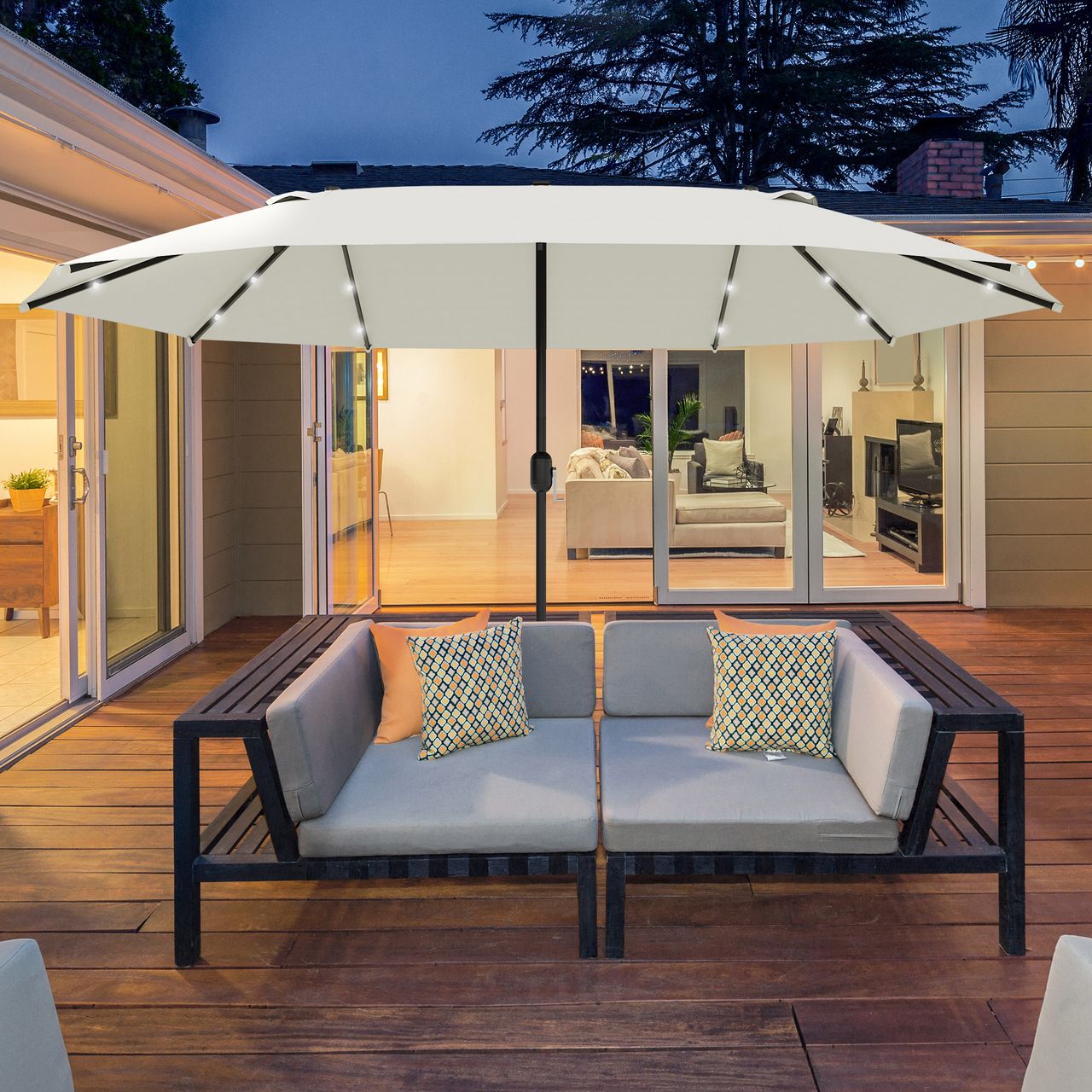 Outsunny Sonnenschirm mit LED Doppelsonnenschirm 440 x 256 cm Gartenschirm
