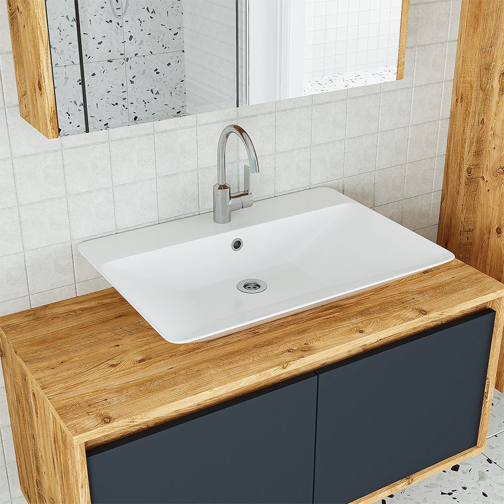 Roomart Badmöbel-Set, (Badmöbel Set 3-teilig 100cm Unterschrank mit Waschbecken Spiegelscrank)