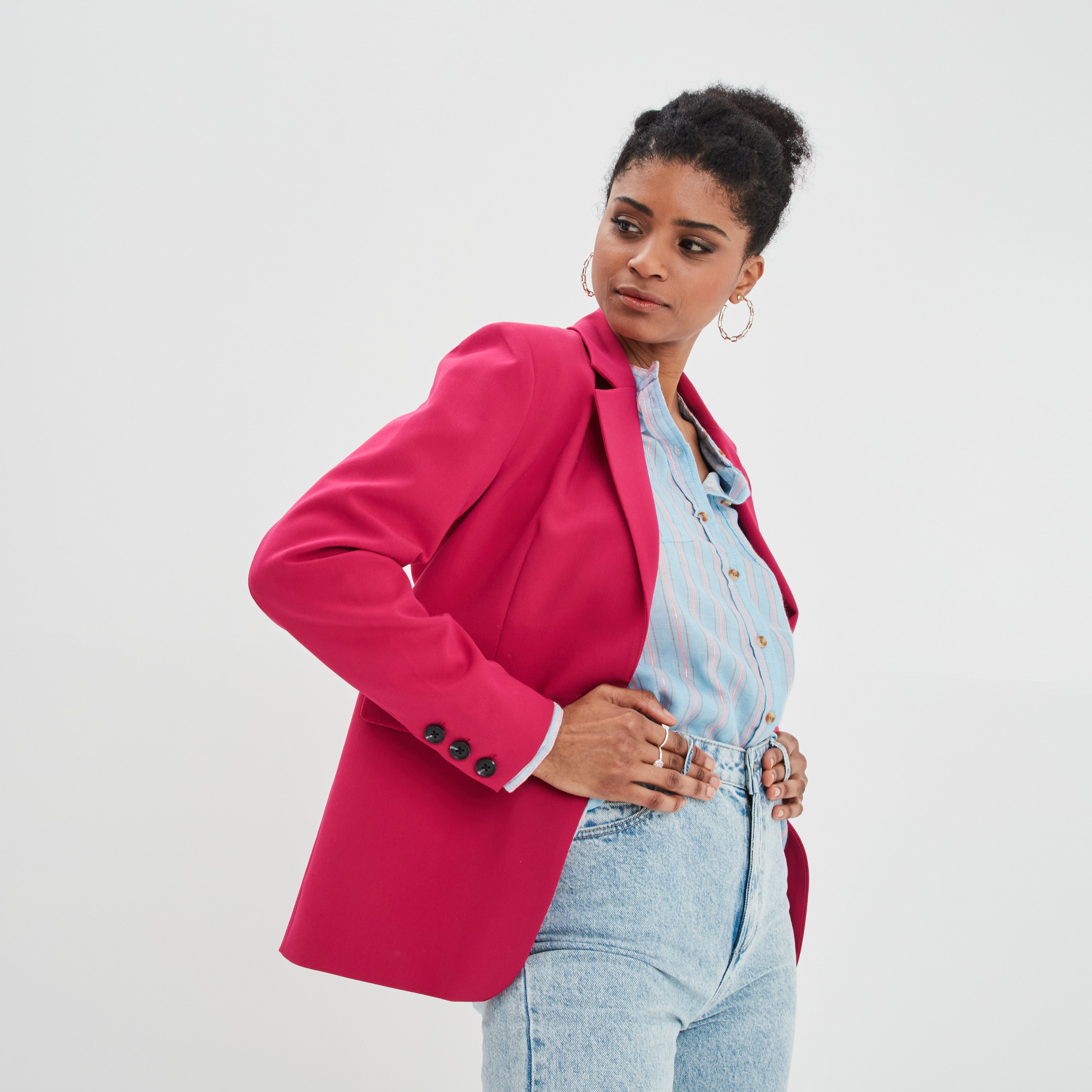 Veste droite boutonnée manches longues rose framboise femme | La Halle