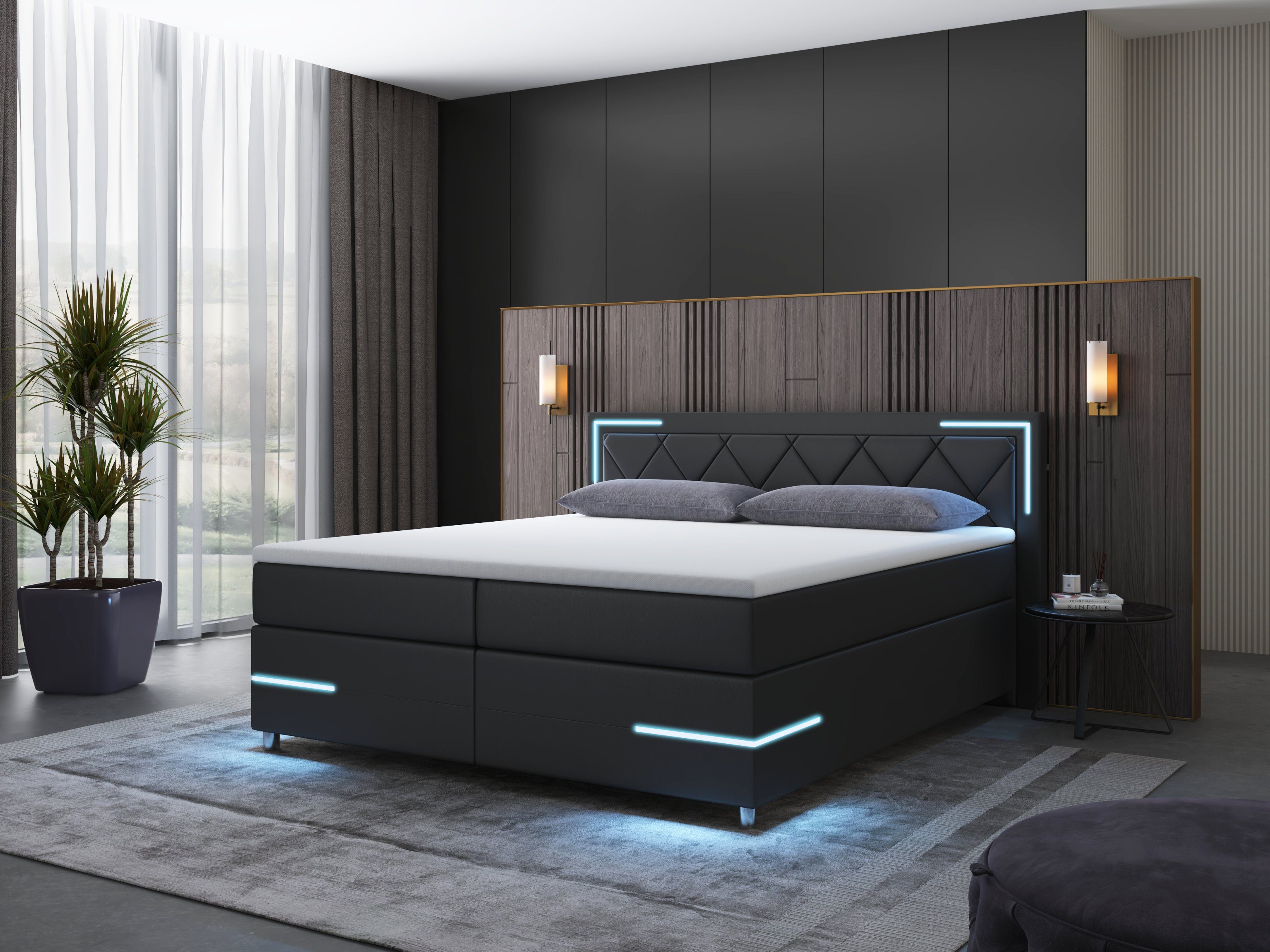 wonello Boxspringbett Arizona, mit LED Beleuchtung und Topper, wahlweise mit Bettkasten