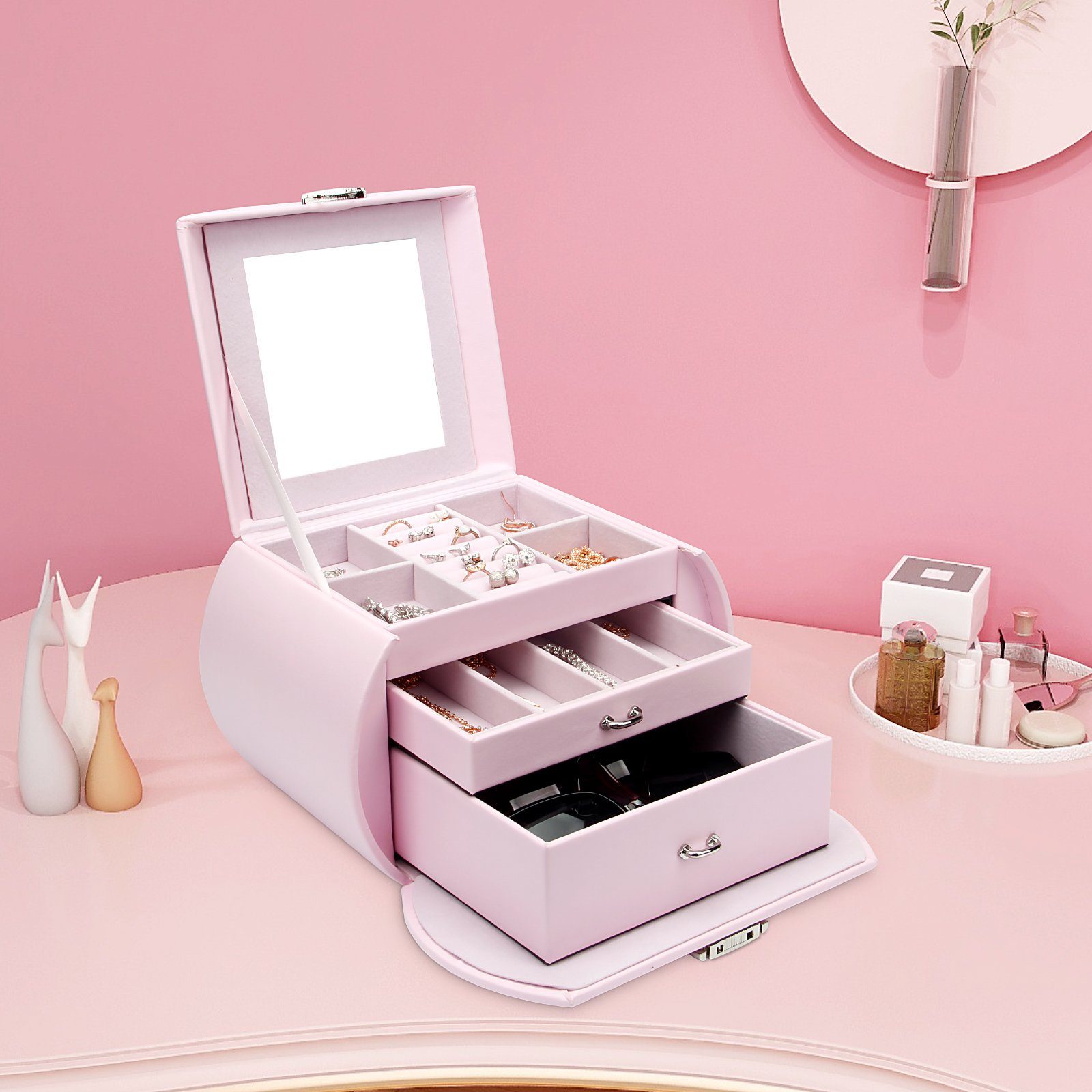 Yorbay Schmuckkasten Schmuckkoffer komplett abschließbar Schmuckkasten Pink (Mit 3 Ebenen, Mit Spiegel), Schmuckkästchen für Halsketten, Ringe, Armbänder, Ohrringe, Brille
