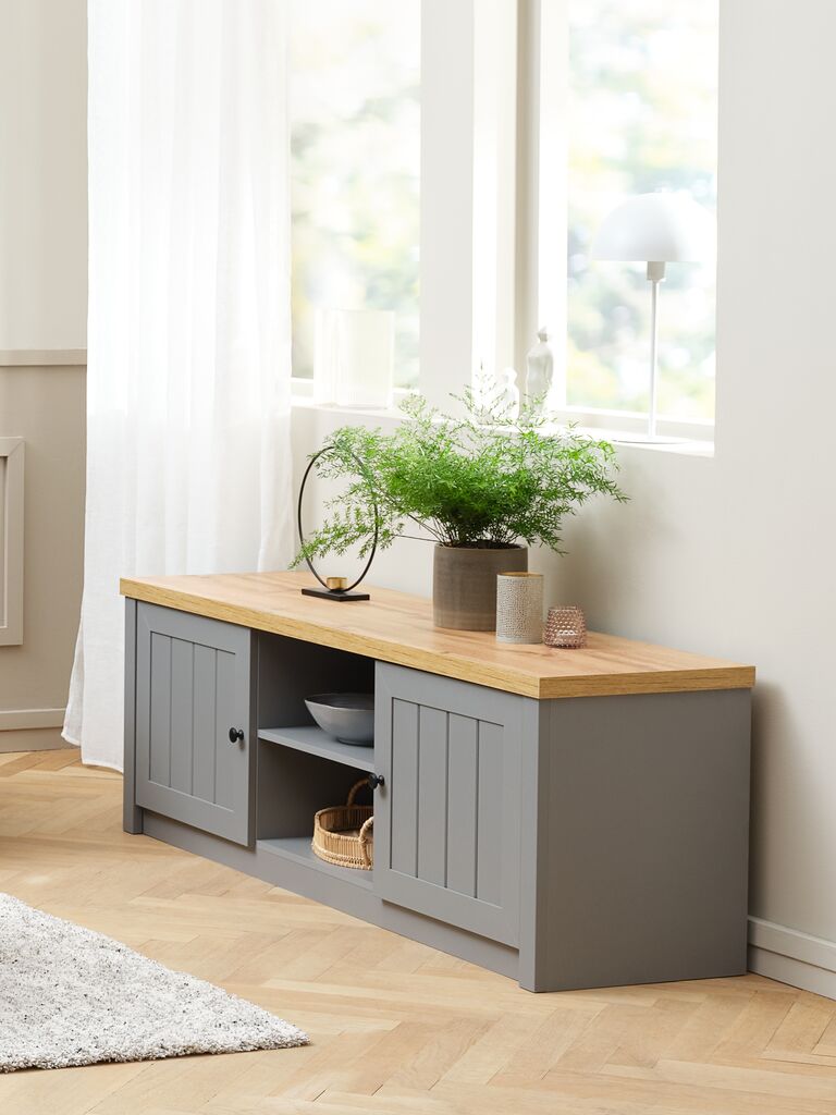MARKSKEL MARKSKEL TV cabinet, 2 doors, gray/oak