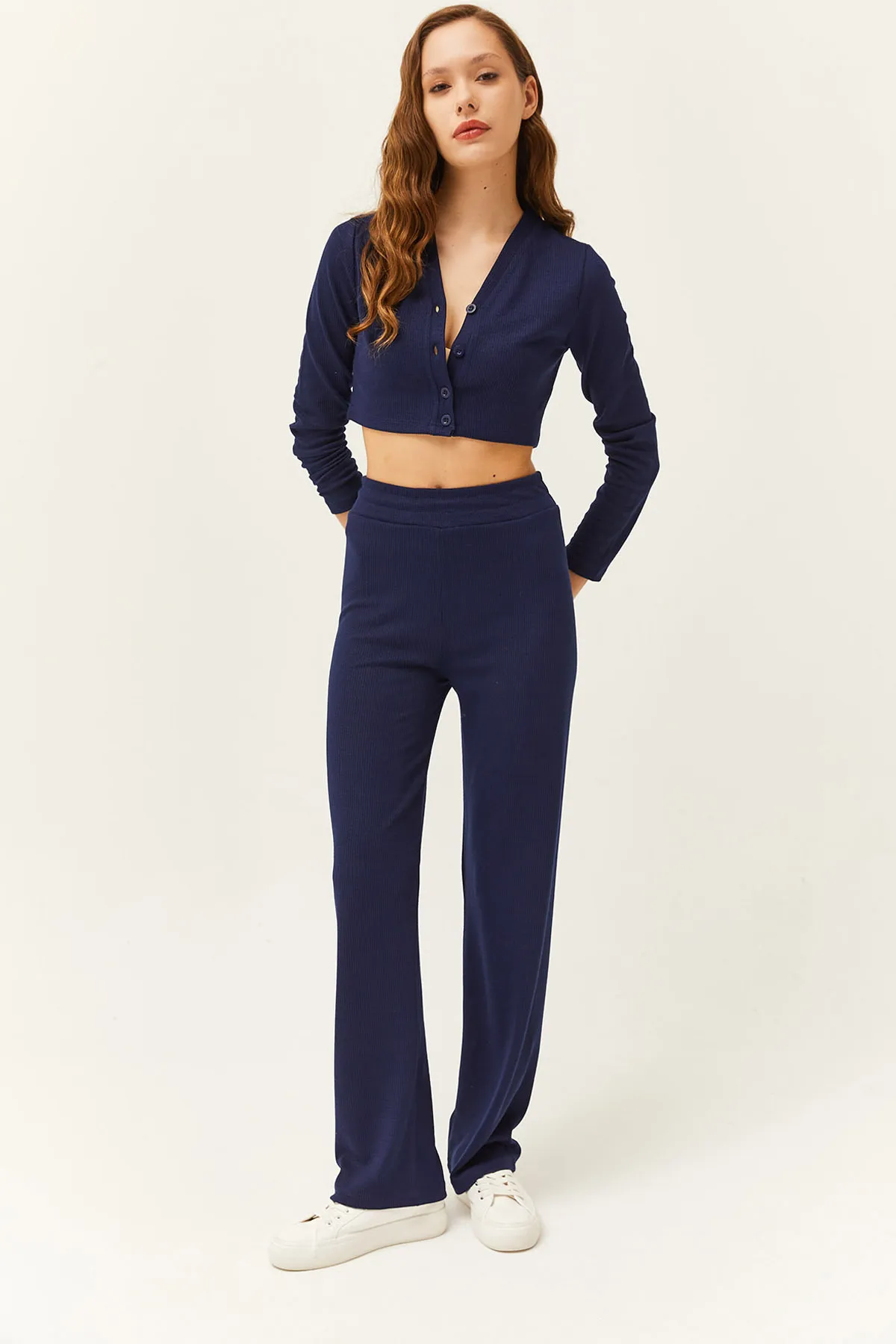 Olalook  Damen Marineblau Cardigan Bottom Top Rippenmuster Team TKM-19000235