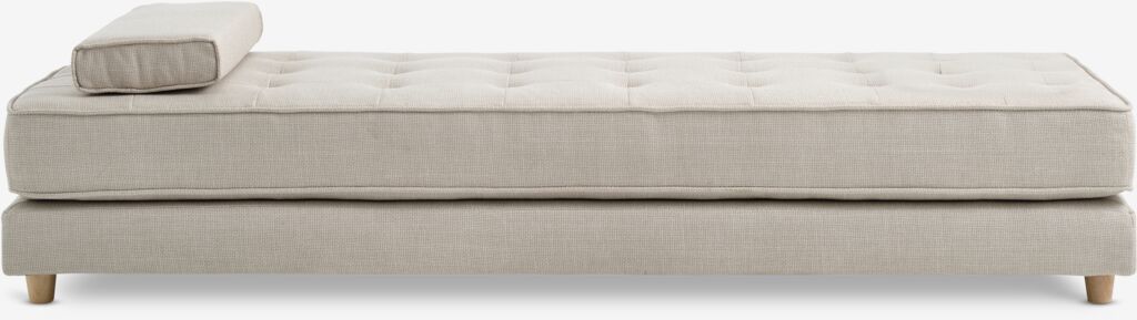 VARMARK Schlafsofa 190x76 mit Kissen, beiger Stoff/Eichenfarbe